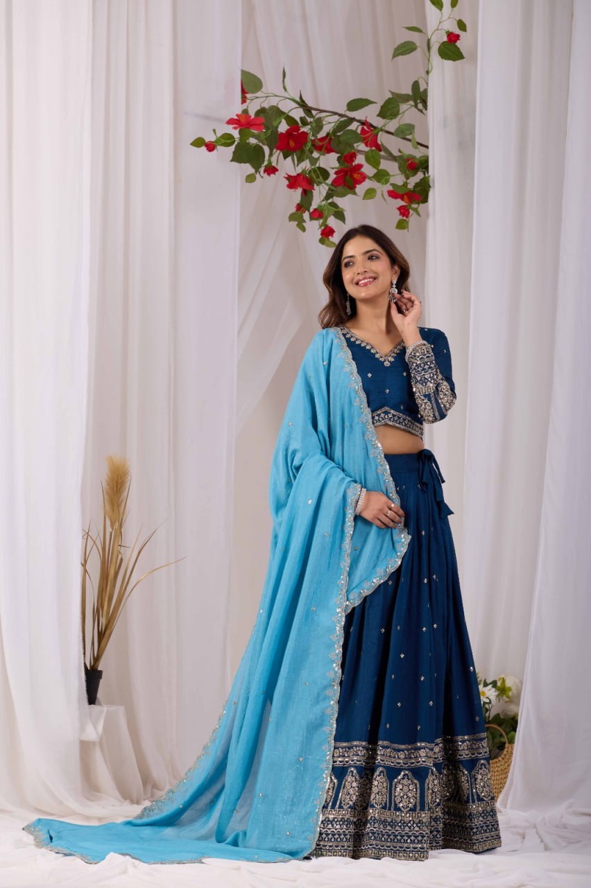 Navy Blue Vichitra Silk Lehenga Choli Set with Sky Blue Embroidered Dupatta