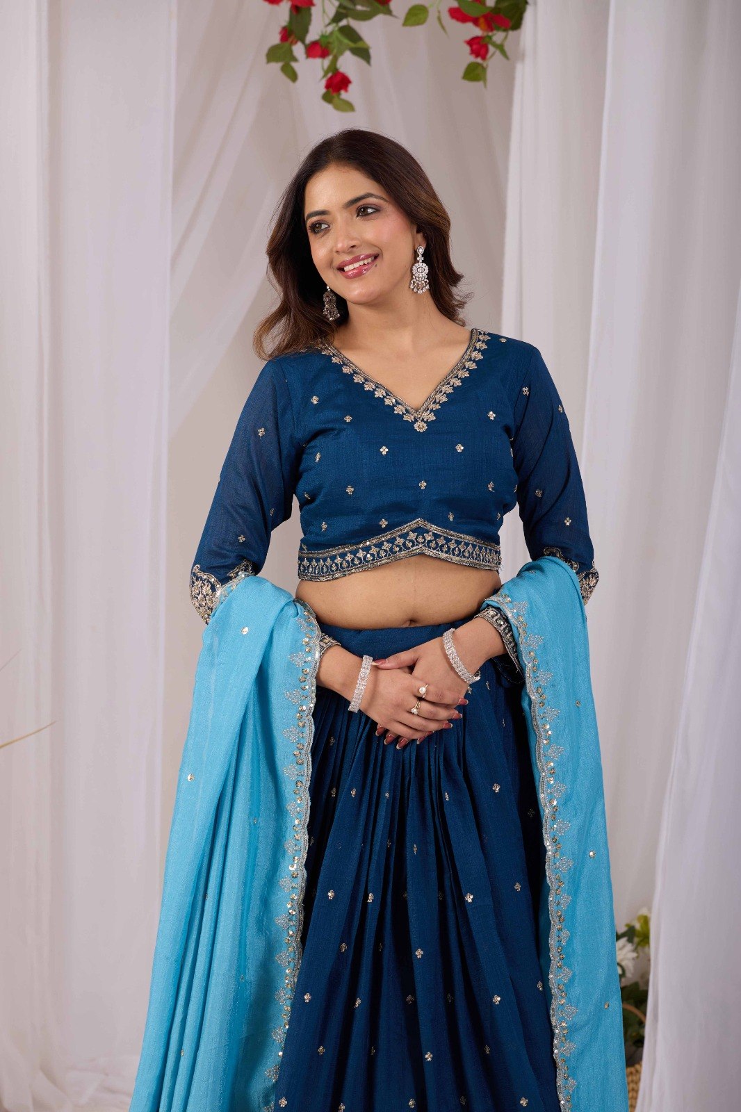Navy Blue Vichitra Silk Lehenga Choli Set with Sky Blue Embroidered Dupatta