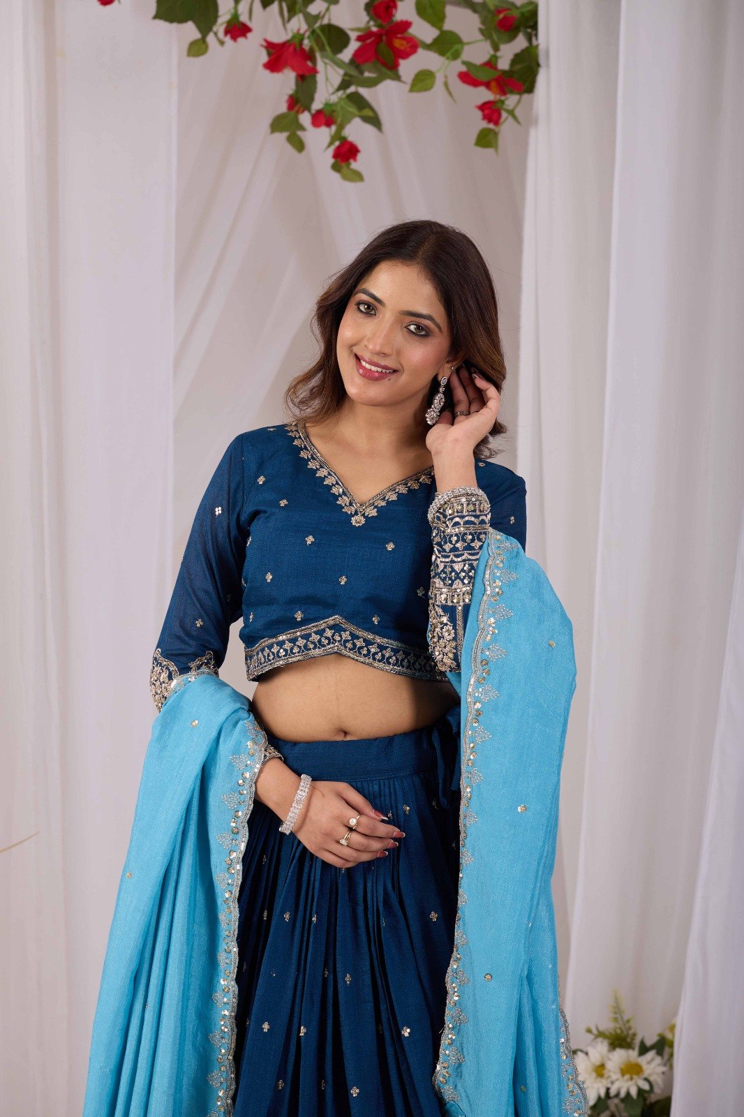 Navy Blue Vichitra Silk Lehenga Choli Set with Sky Blue Embroidered Dupatta