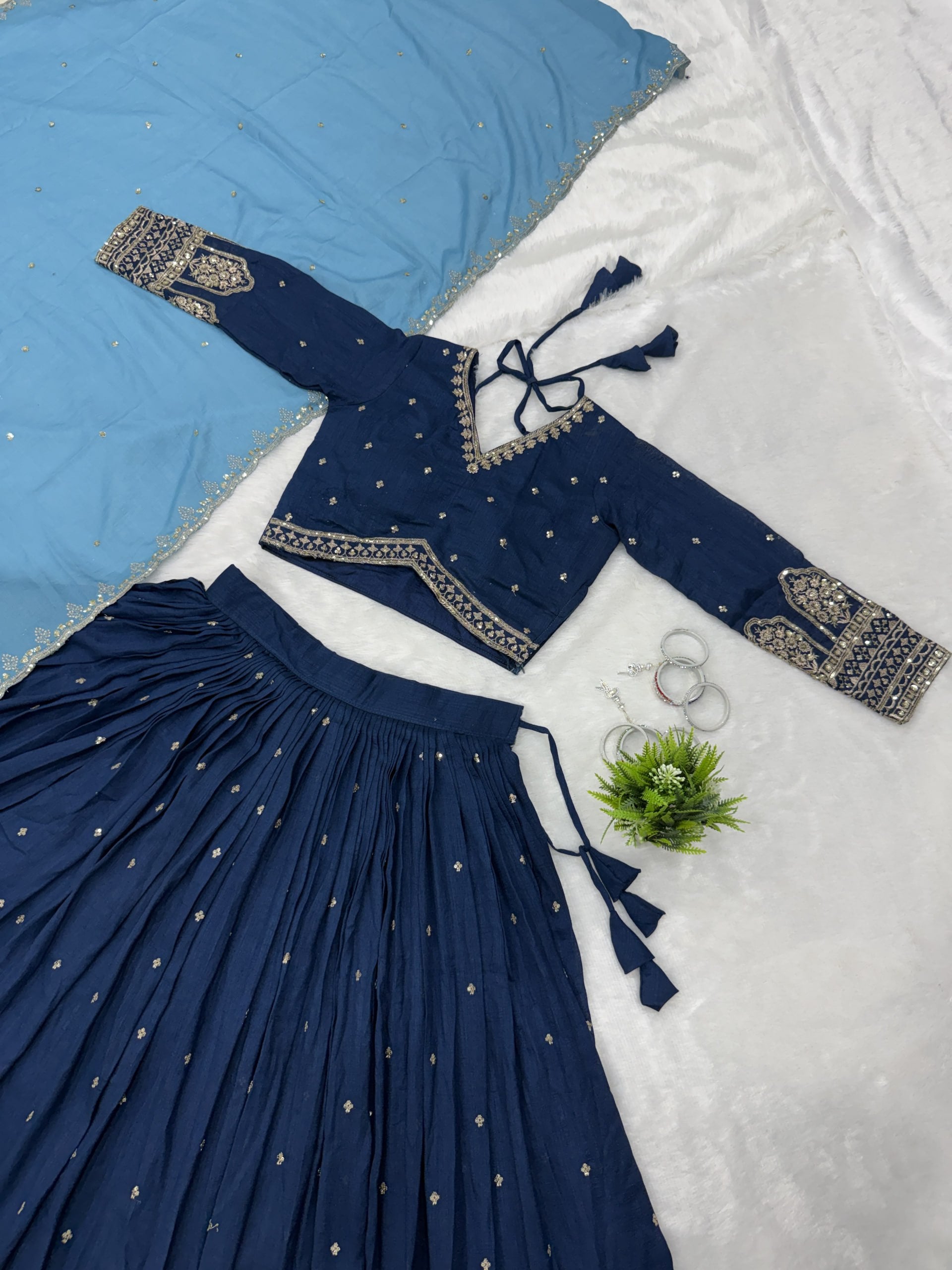 Navy Blue Vichitra Silk Lehenga Choli Set with Sky Blue Embroidered Dupatta