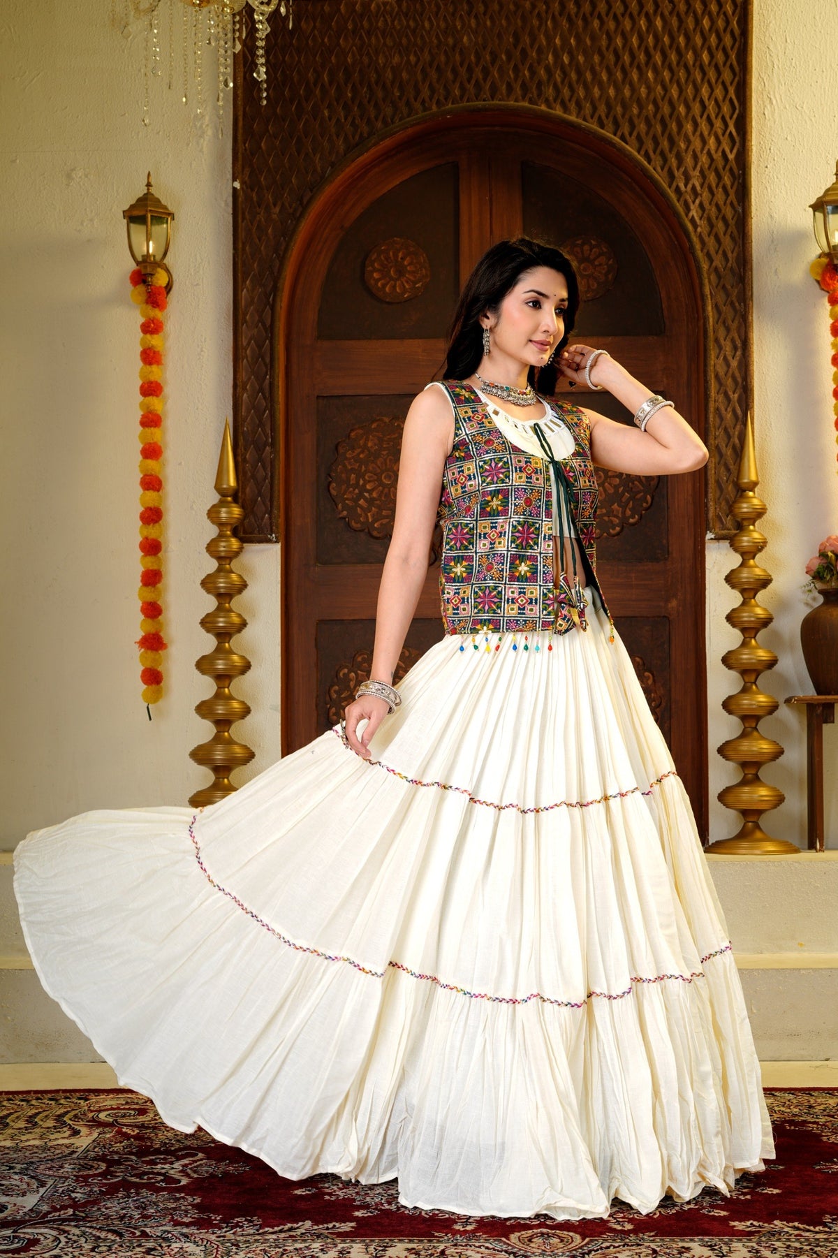 Ivory White Kora Cotton 9 Meter Flared Lehenga Choli with Mirror Work Shrug