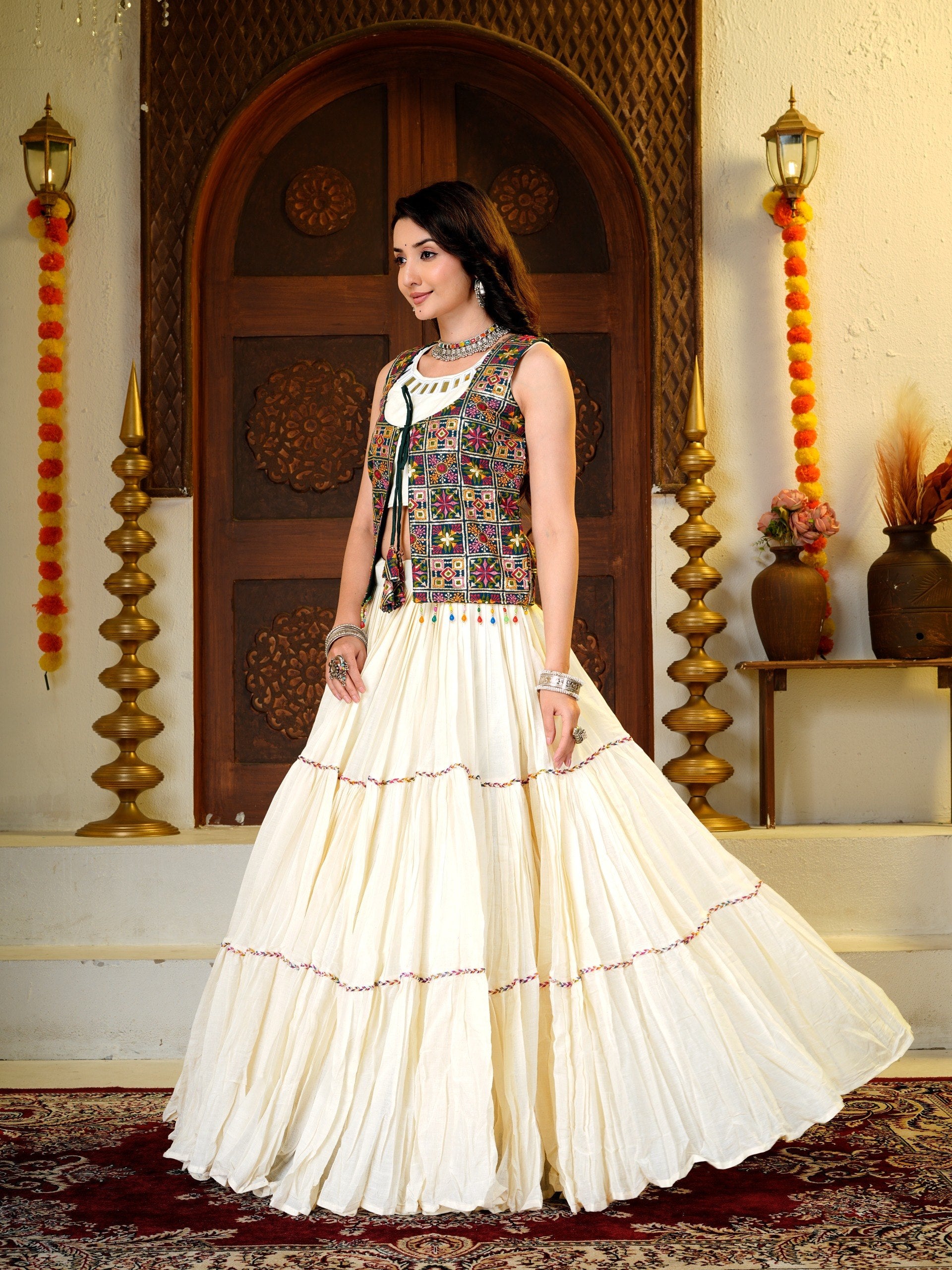 Ivory White Kora Cotton 9 Meter Flared Lehenga Choli with Mirror Work Shrug
