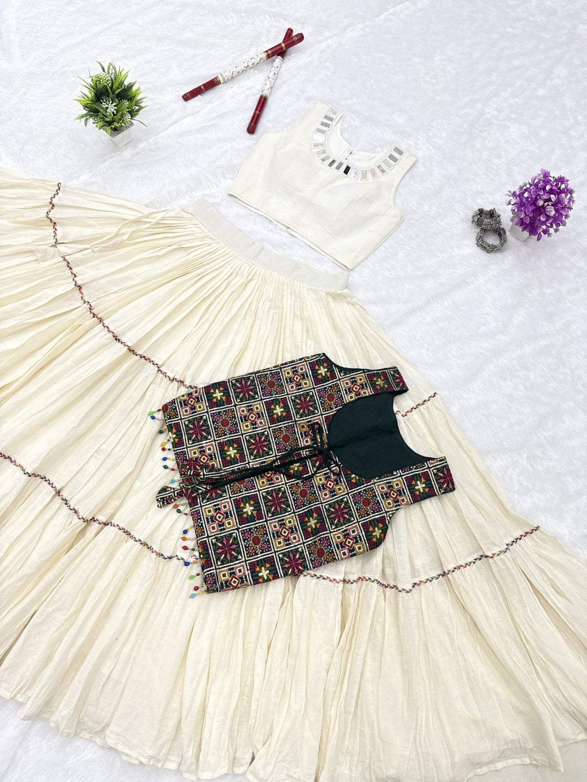 Ivory White Kora Cotton 9 Meter Flared Lehenga Choli with Mirror Work Shrug