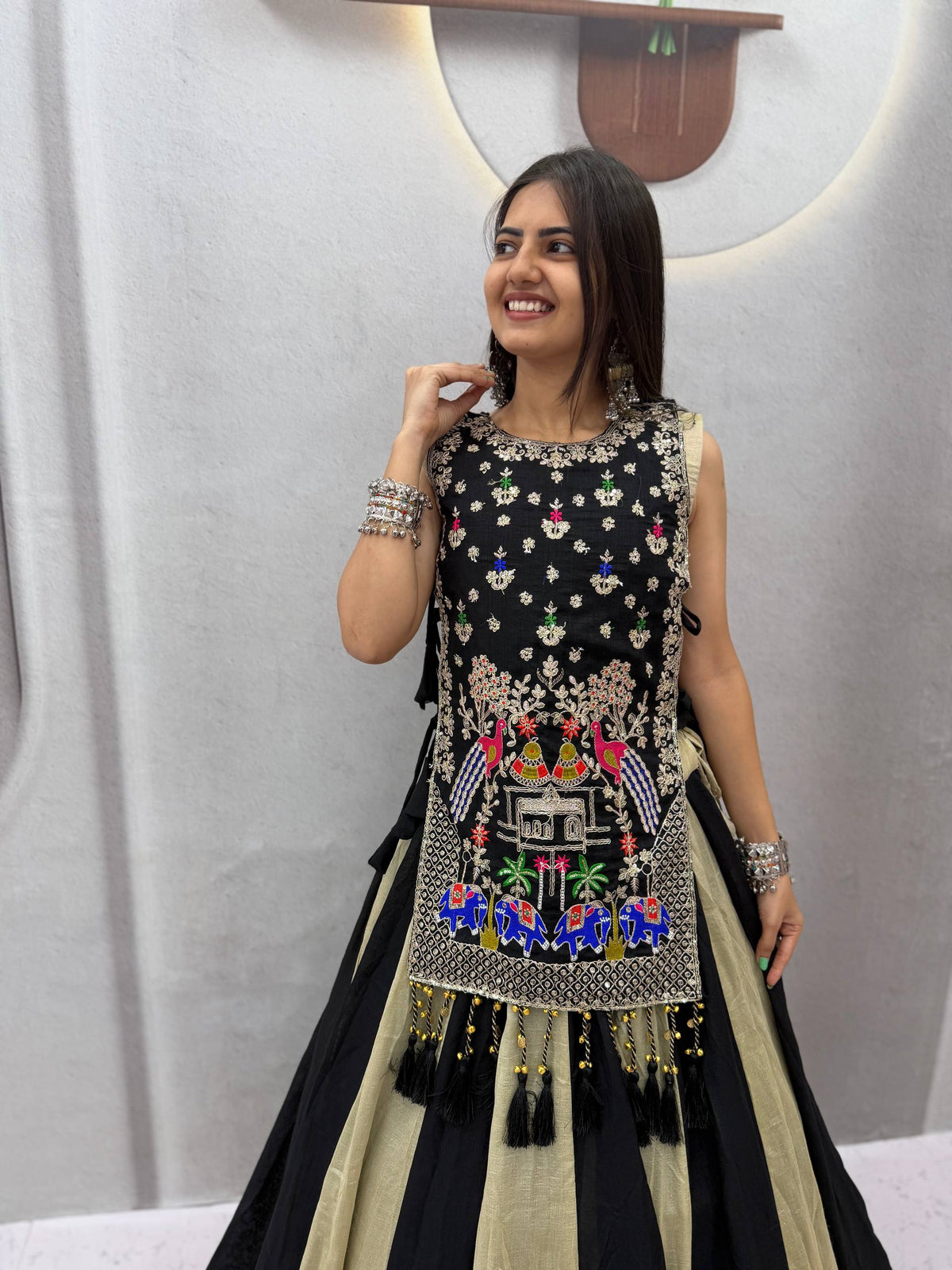 Black & Champagne Gold Vichitra Silk Embroidered Lehenga Choli with Heavy Work Shrug