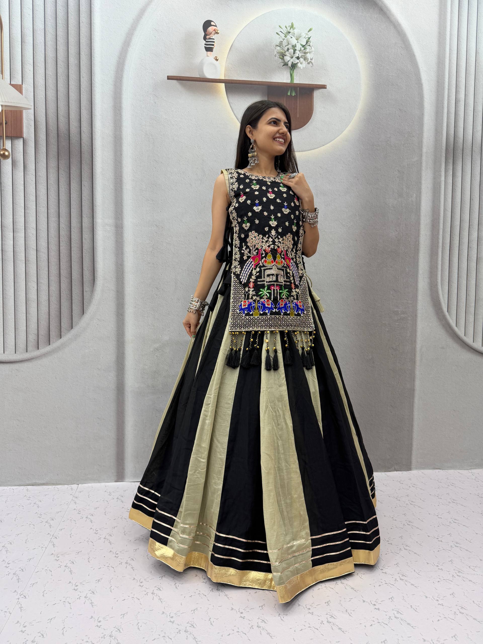Black & Champagne Gold Vichitra Silk Embroidered Lehenga Choli with Heavy Work Shrug