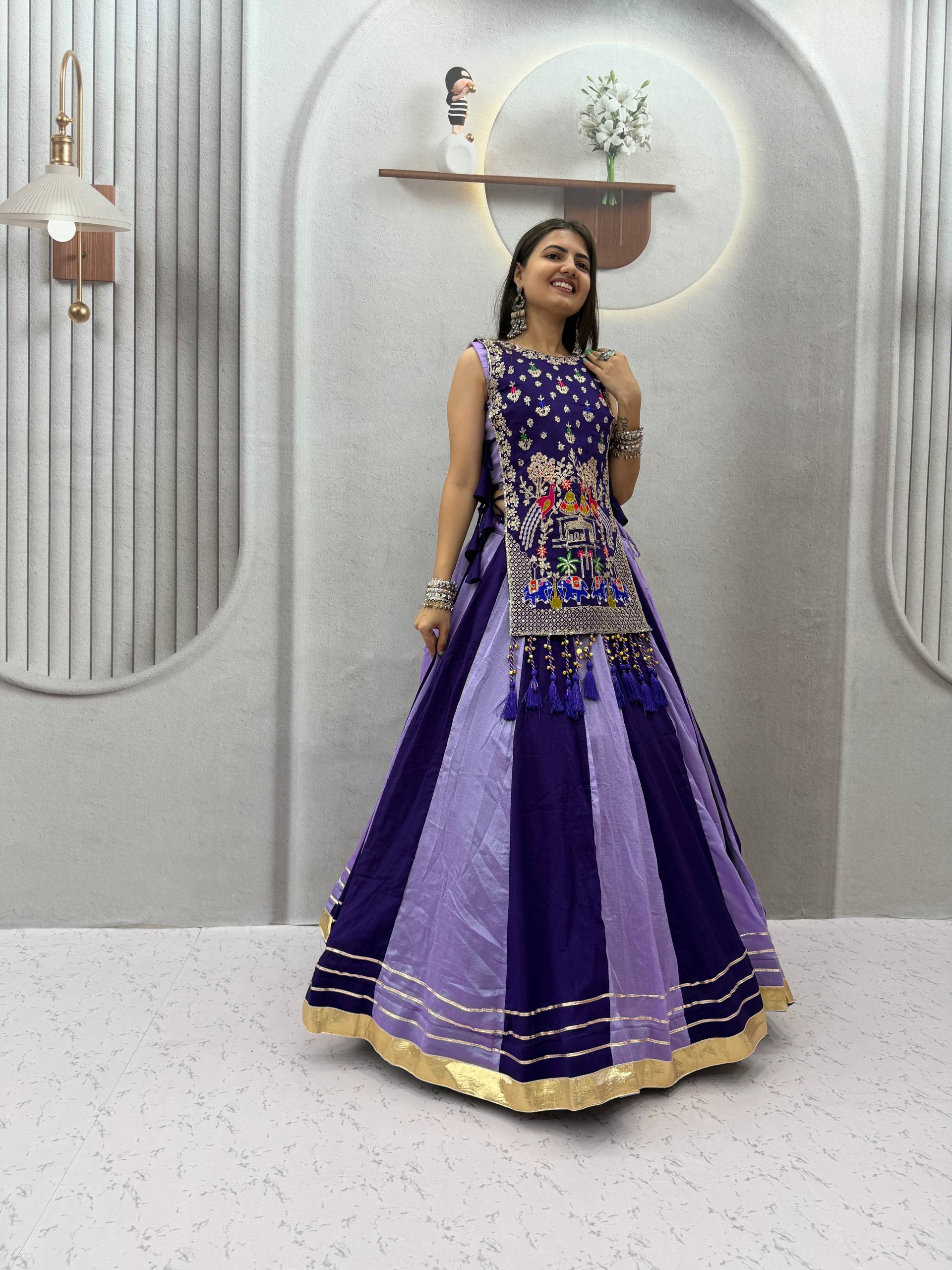 Royal Purple & Lavender Vichitra Silk Embroidered Lehenga Choli with Heavy Work Shrug