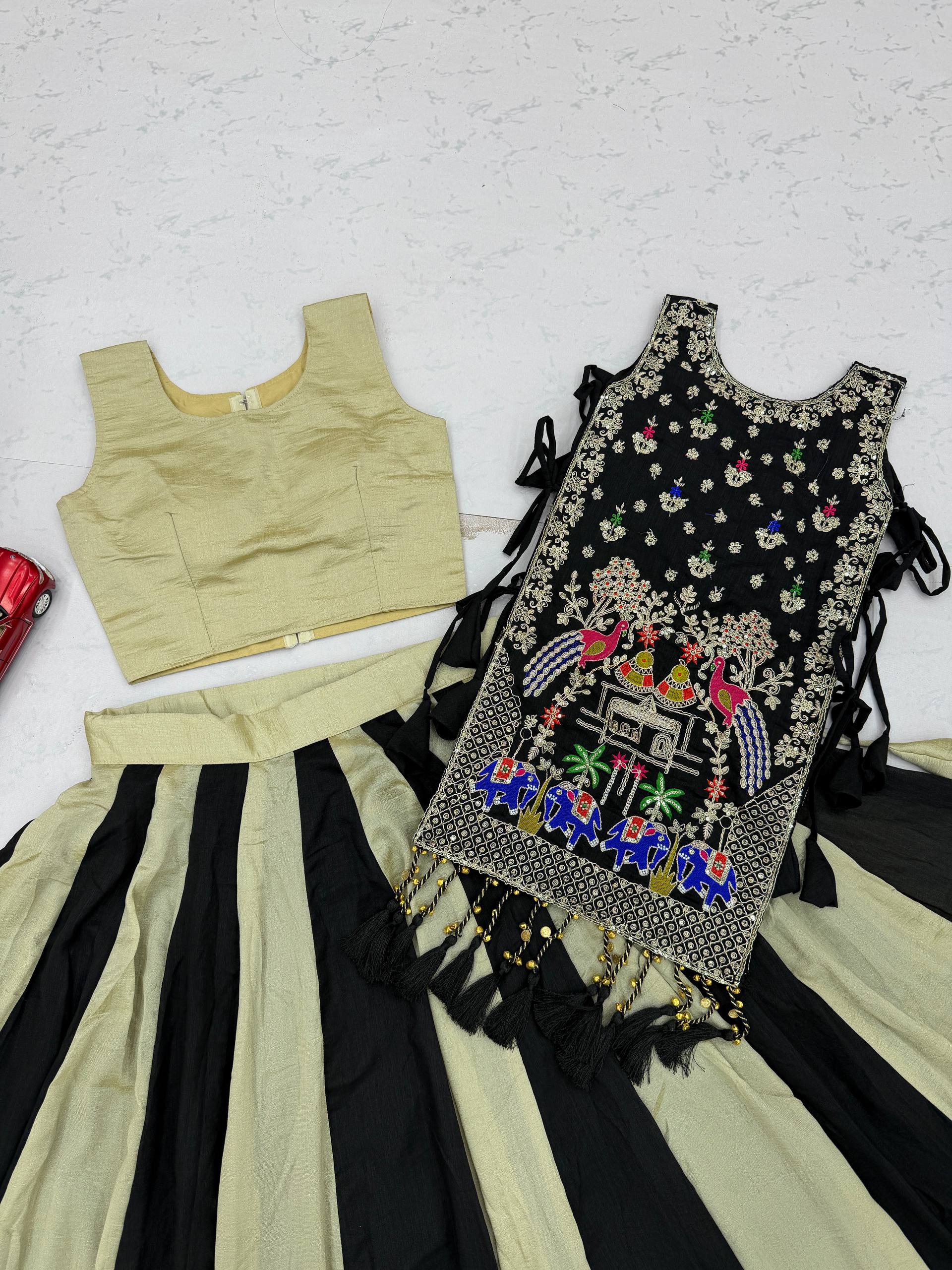 Black & Champagne Gold Vichitra Silk Embroidered Lehenga Choli with Heavy Work Shrug