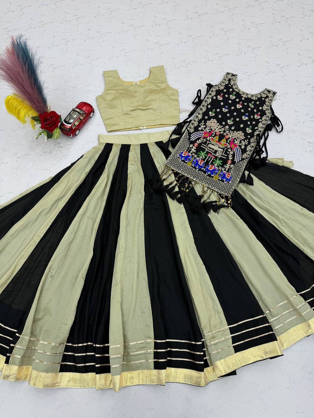 Black & Champagne Gold Vichitra Silk Embroidered Lehenga Choli with Heavy Work Shrug