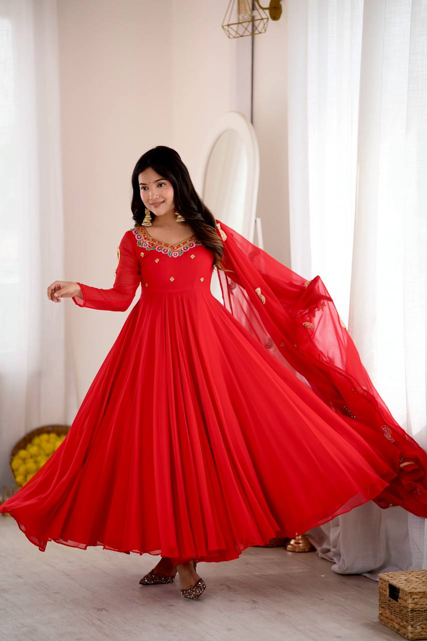 Ruby Red Faux Georgette Embroidered 7 Meter Flared Gown Pant Dupatta Set