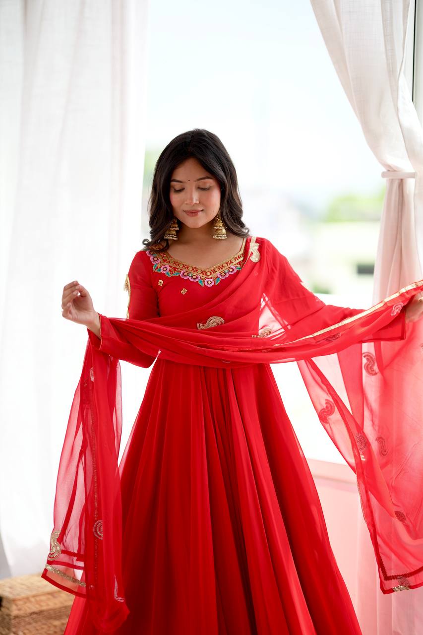 Ruby Red Faux Georgette Embroidered 7 Meter Flared Gown Pant Dupatta Set
