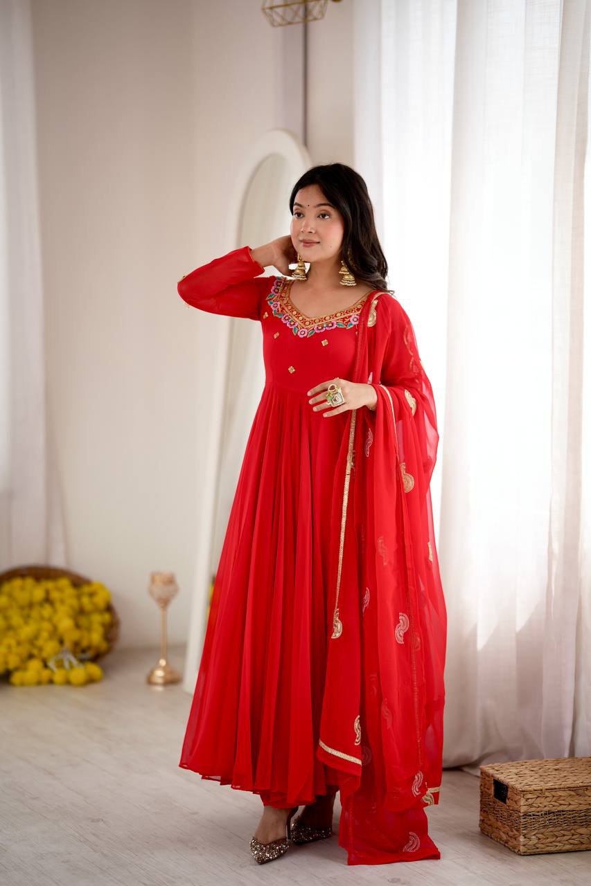 Ruby Red Faux Georgette Embroidered 7 Meter Flared Gown Pant Dupatta Set