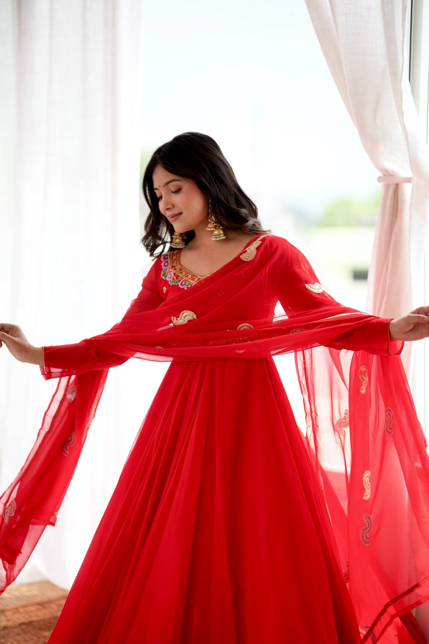 Ruby Red Faux Georgette Embroidered 7 Meter Flared Gown Pant Dupatta Set