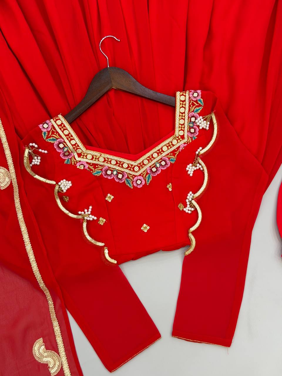 Ruby Red Faux Georgette Embroidered 7 Meter Flared Gown Pant Dupatta Set