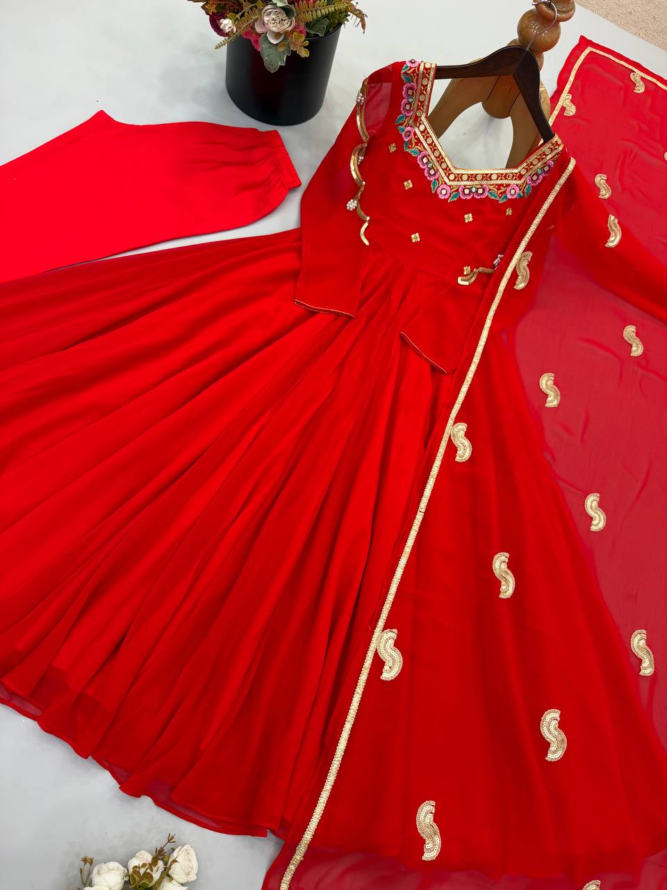Ruby Red Faux Georgette Embroidered 7 Meter Flared Gown Pant Dupatta Set