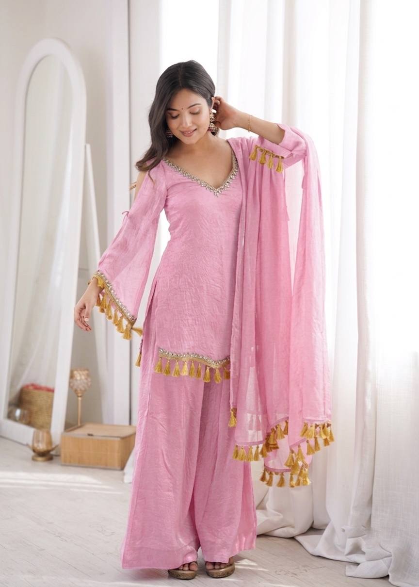 Blush Pink Doremon Crush Mirror Lace Palazzo Suit Set