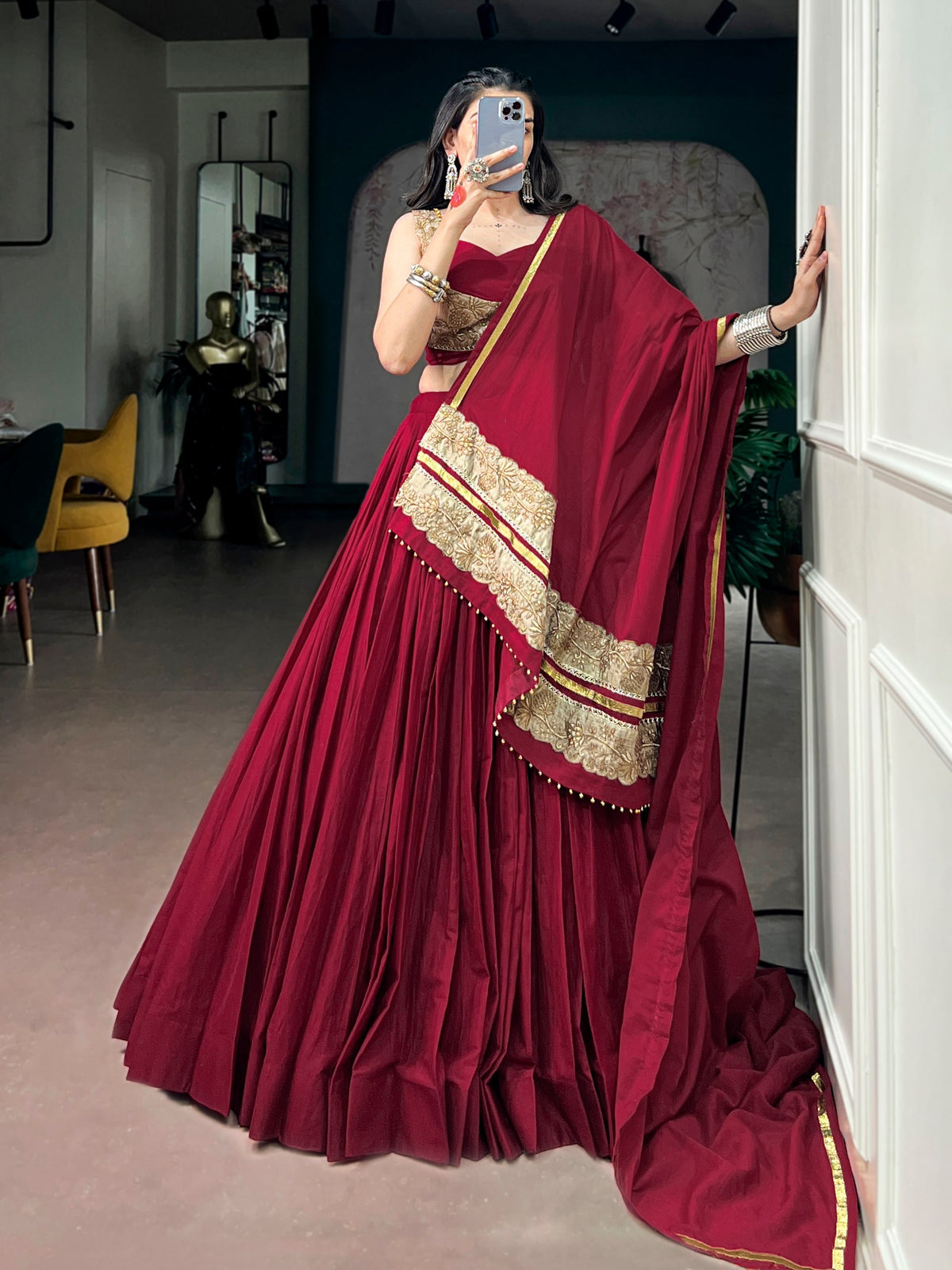 Wine Maroon Mal Cotton 8 Meter Flair Lehenga Choli with Embroidered Blouse & Dupatta