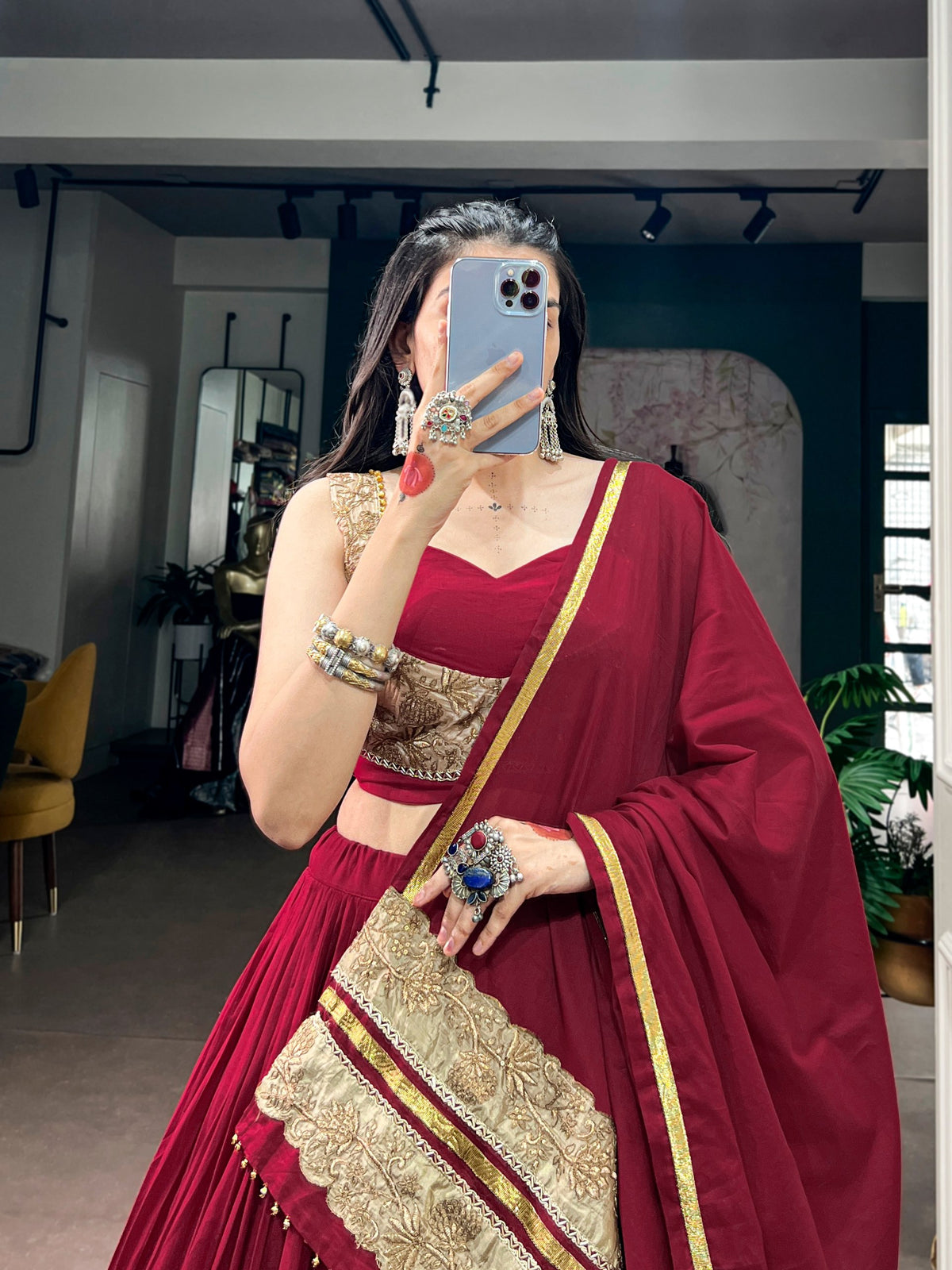 Wine Maroon Mal Cotton 8 Meter Flair Lehenga Choli with Embroidered Blouse & Dupatta