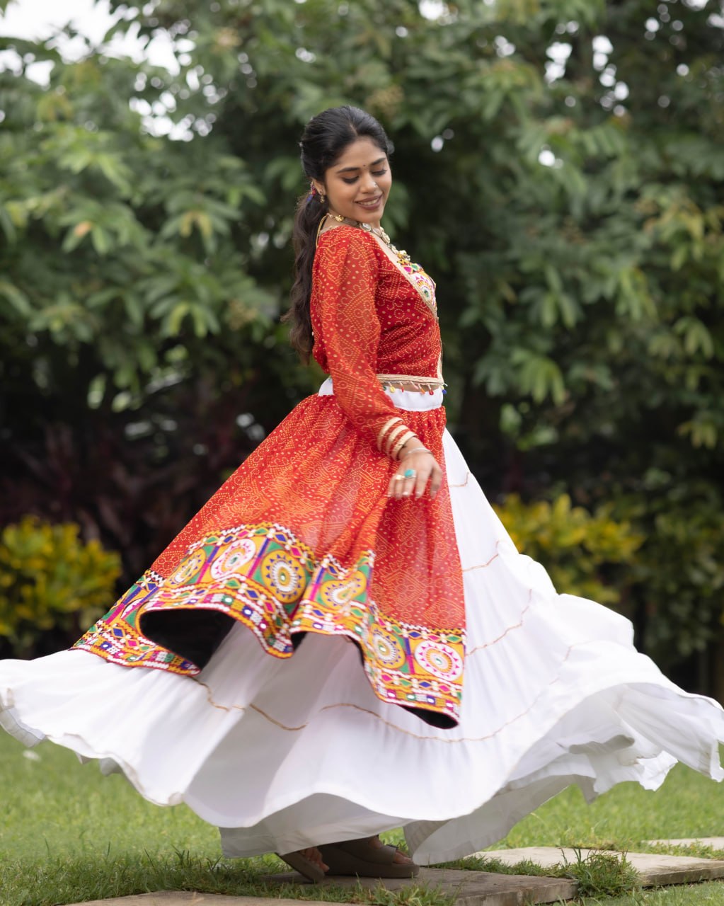 Rust Orange Bandhani Koti Lehenga Set with White Frill Skirt | Navratri Chaniya Choli