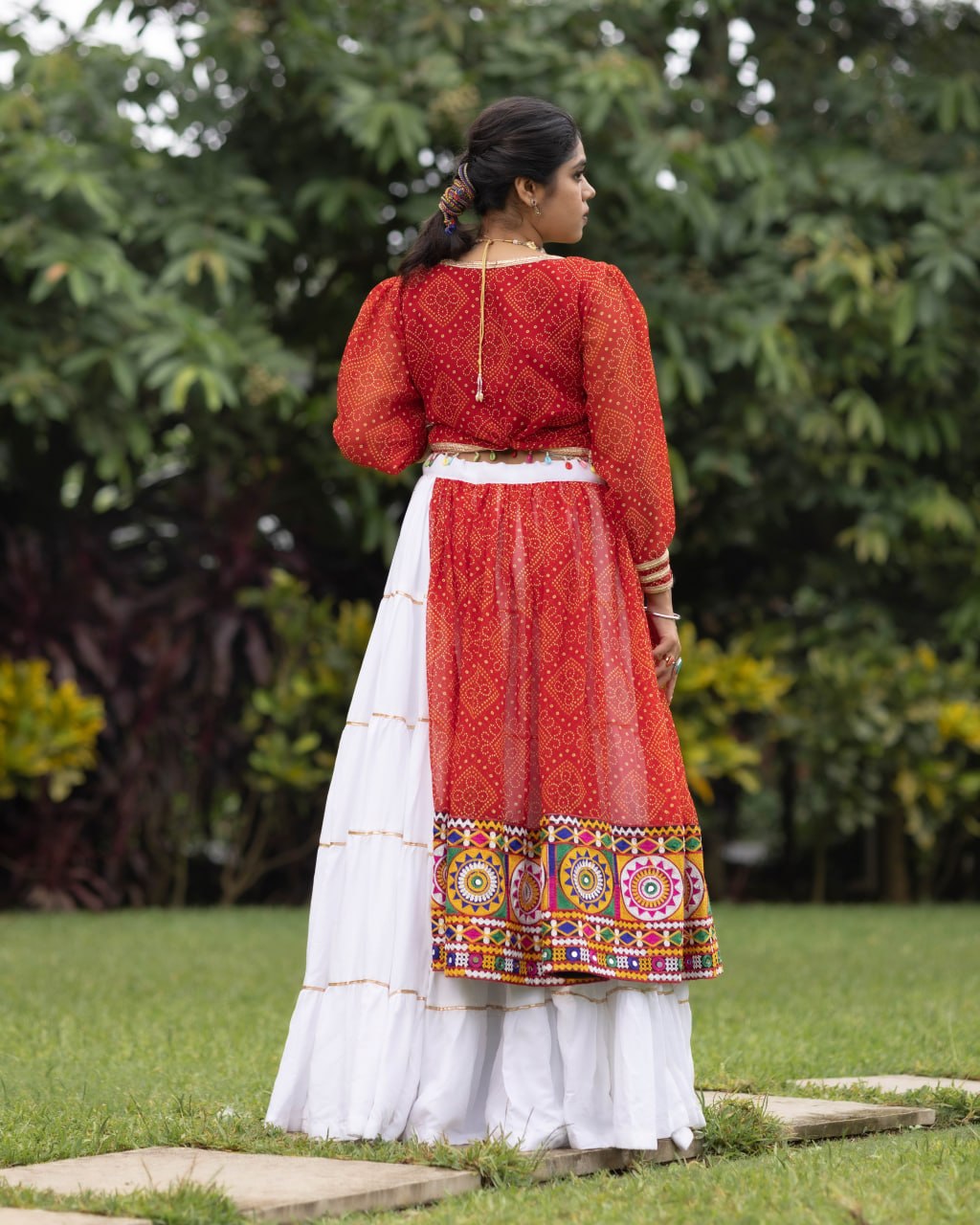 Rust Orange Bandhani Koti Lehenga Set with White Frill Skirt | Navratri Chaniya Choli