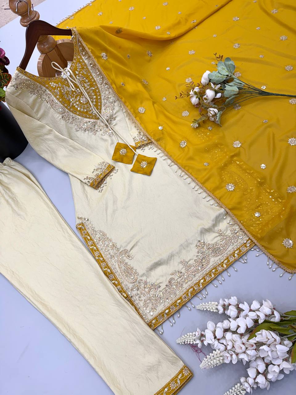 Ivory Cream & Mustard Yellow Ronald Silk Embroidered Suit Set with Dupatta