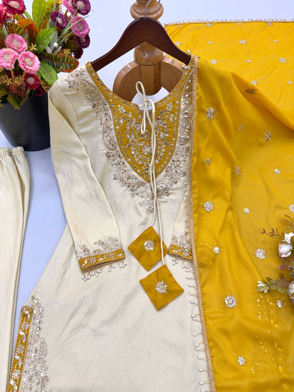 Ivory Cream & Mustard Yellow Ronald Silk Embroidered Suit Set with Dupatta