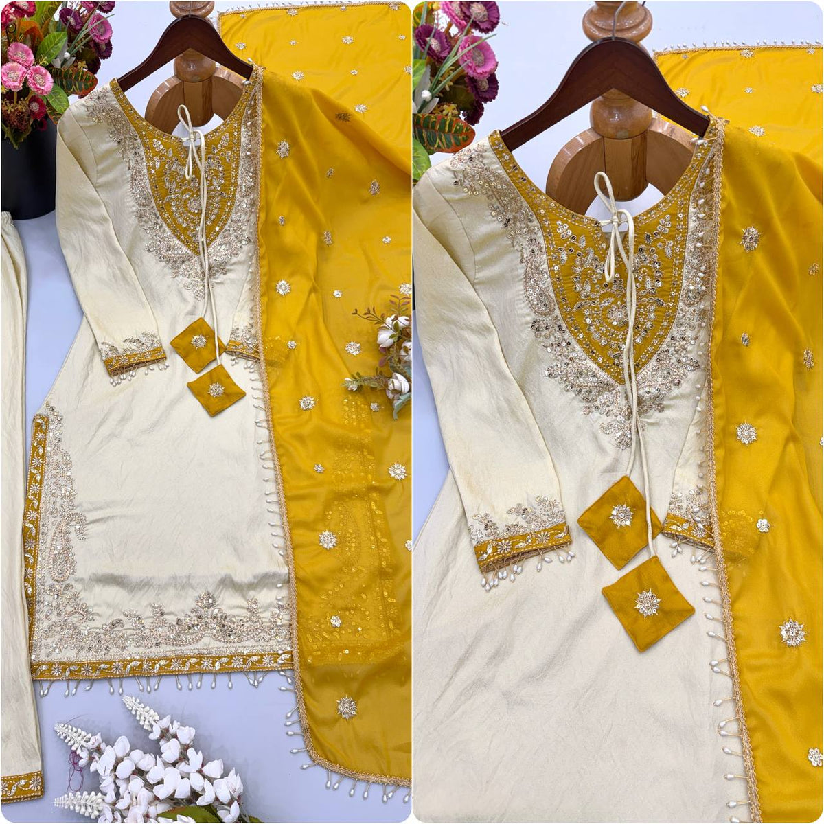 Ivory Cream & Mustard Yellow Ronald Silk Embroidered Suit Set with Dupatta
