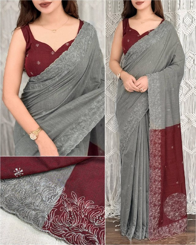 Maroon & Grey Mul Cotton Saree with Contrast Embroidered Border