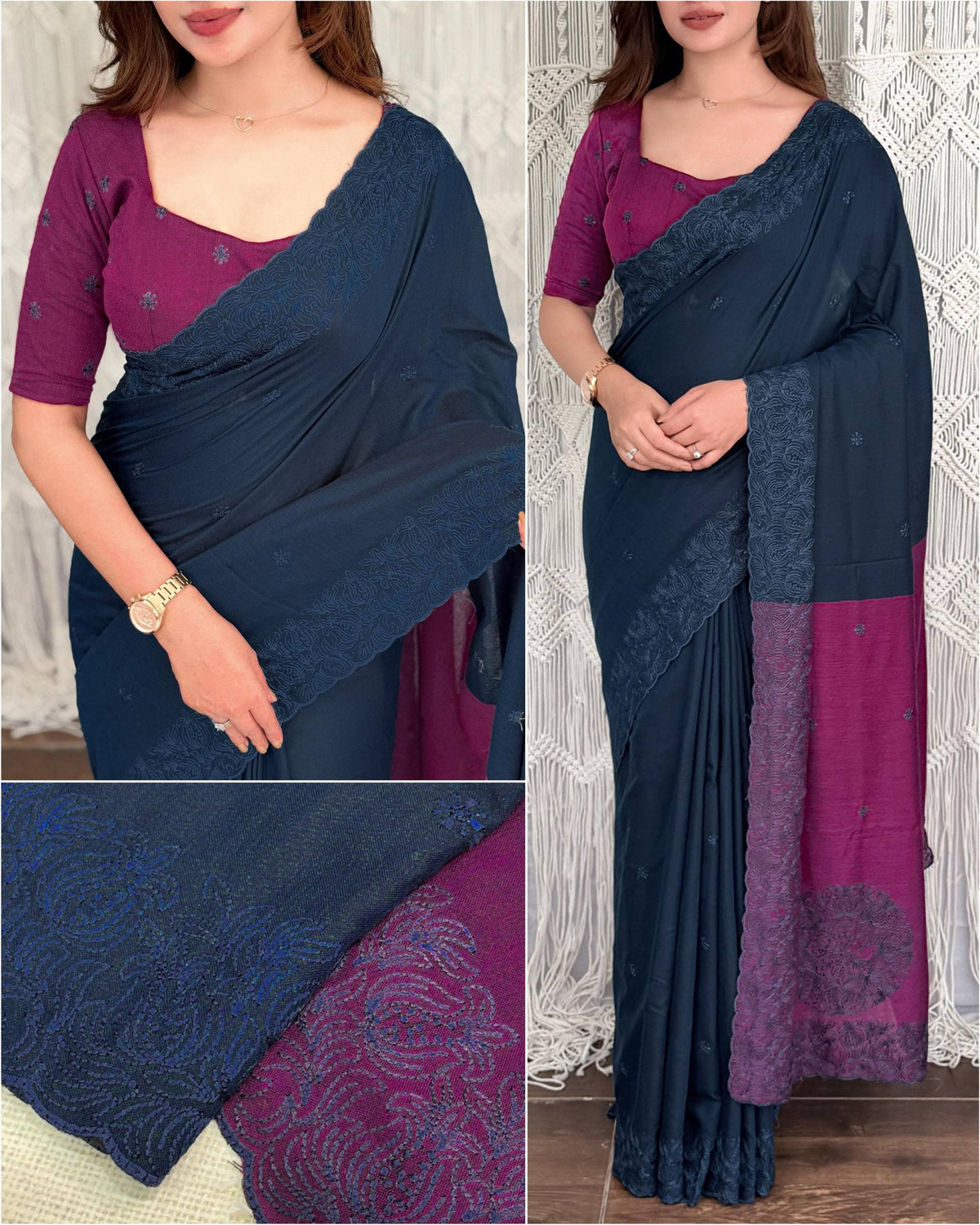 Navy Blue & Wine Pure Mul Cotton Saree with Contrast Embroidered Cutwork Border