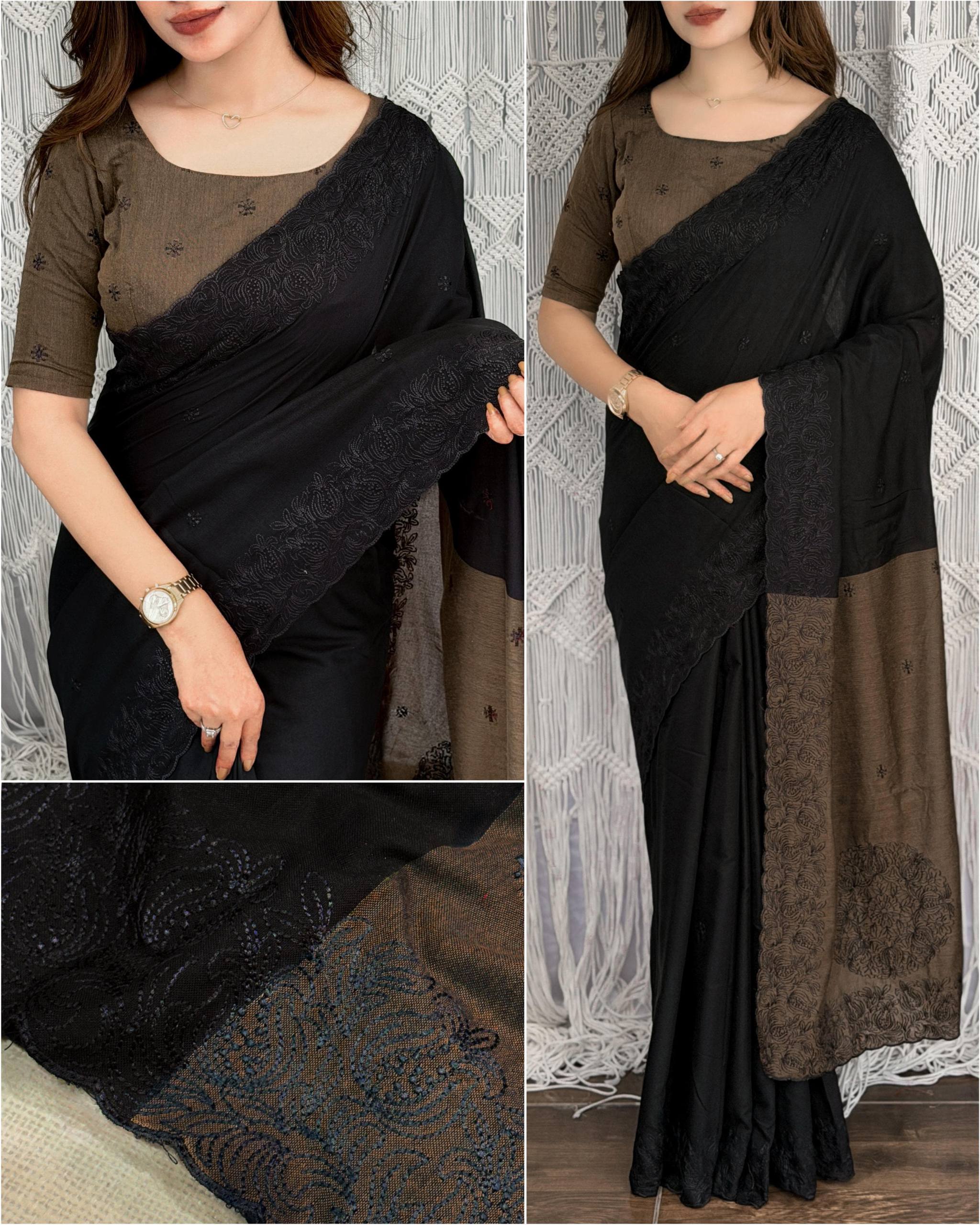 Black & Coffee Brown Pure Mul Cotton Saree with Contrast Embroidery & Cutwork Border