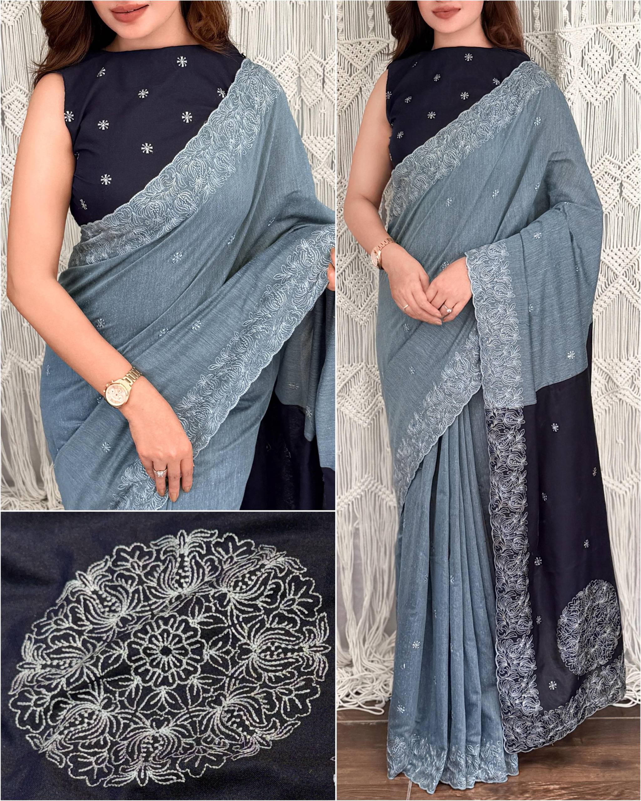 Dusty Slate Blue & Navy Blue Pure Mul Cotton Saree with Embroidered Cutwork Border