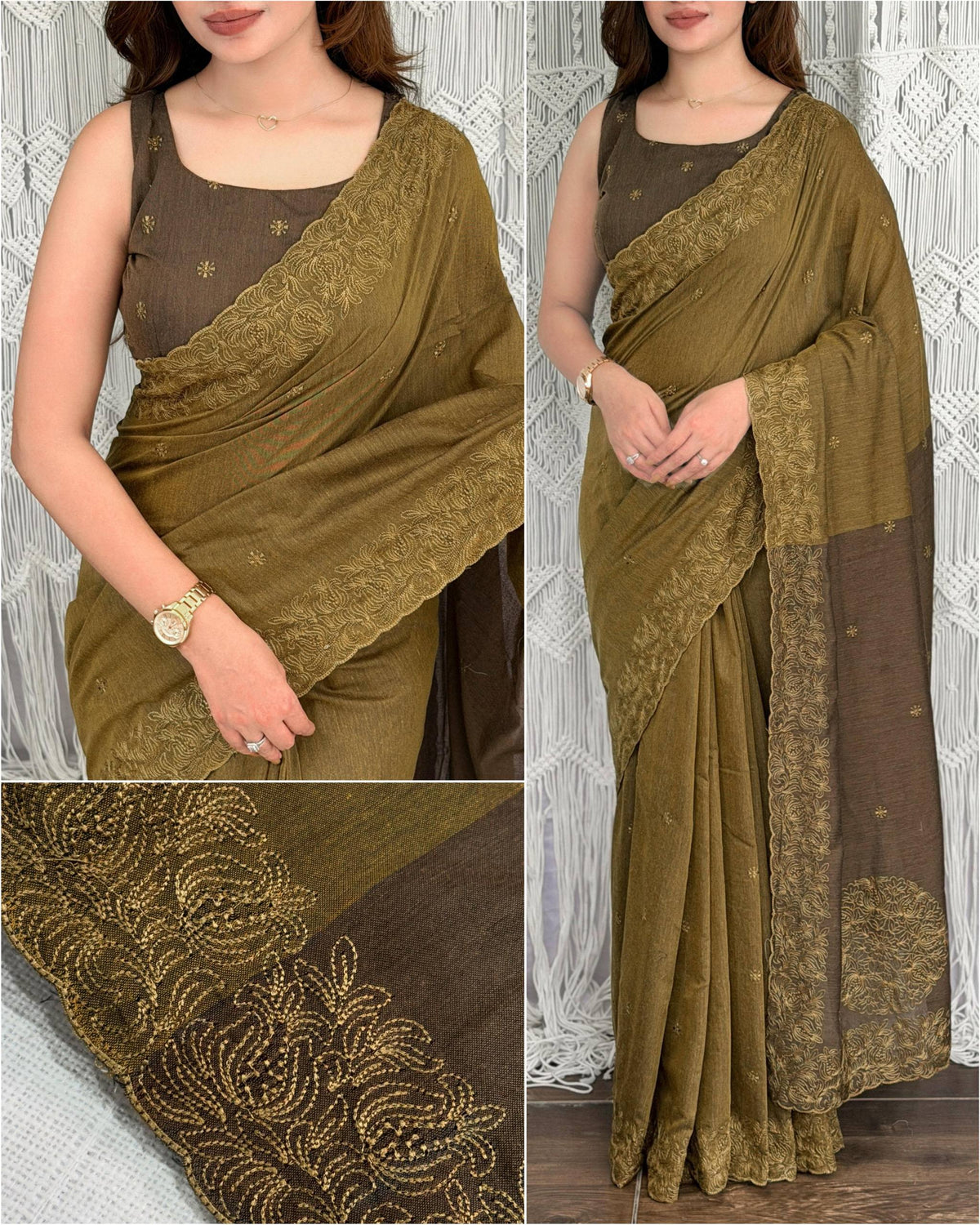 Olive Brown Pure Mul Cotton Saree with Antique Gold Embroidery & Cutwork Border