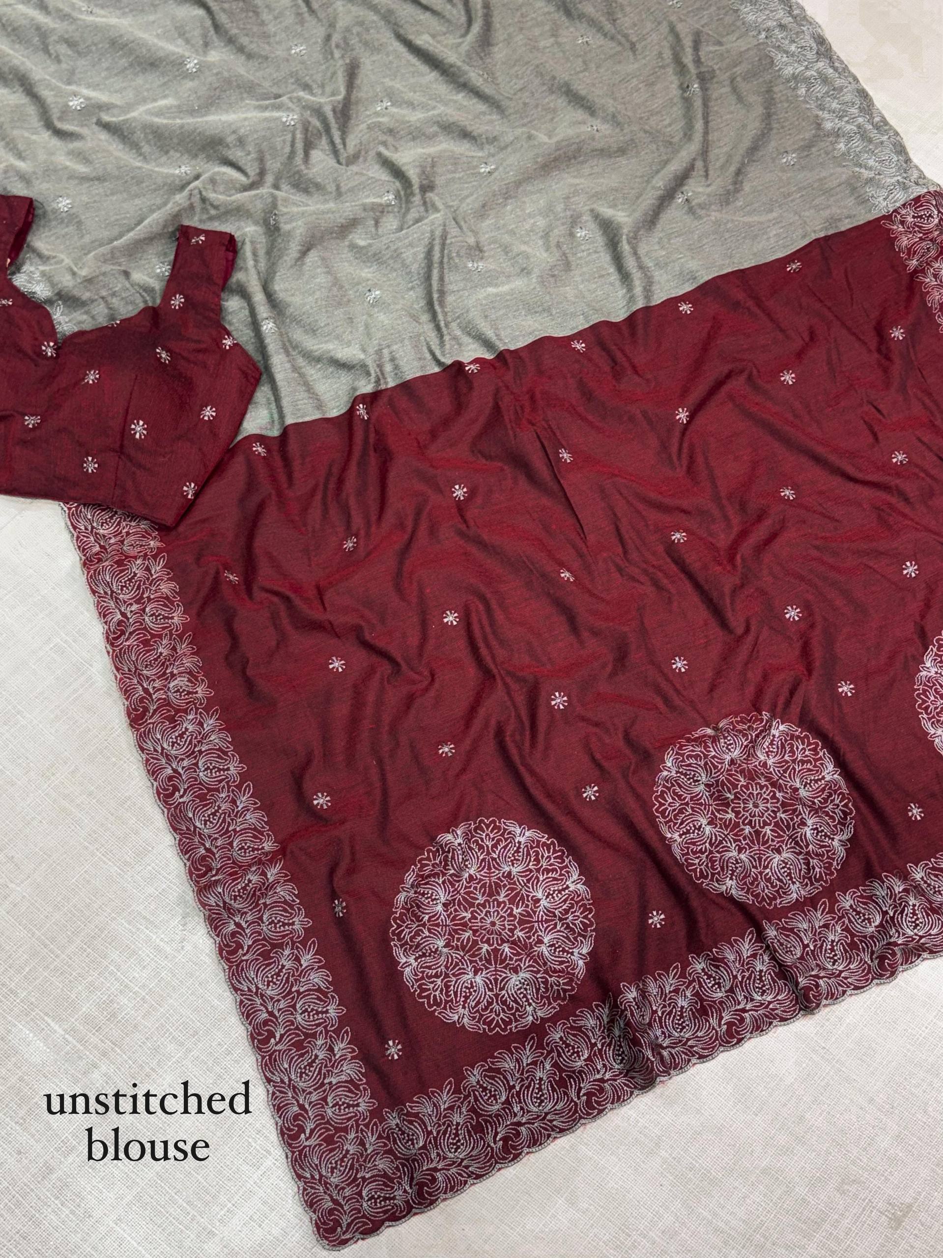 Maroon & Grey Mul Cotton Saree with Contrast Embroidered Border