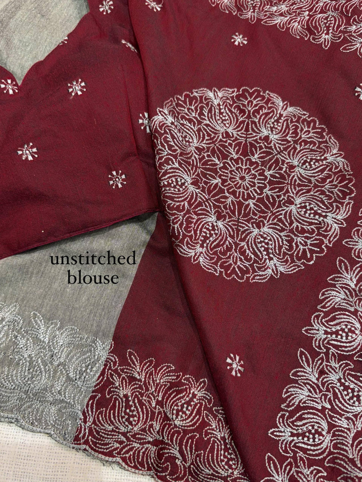 Maroon & Grey Mul Cotton Saree with Contrast Embroidered Border