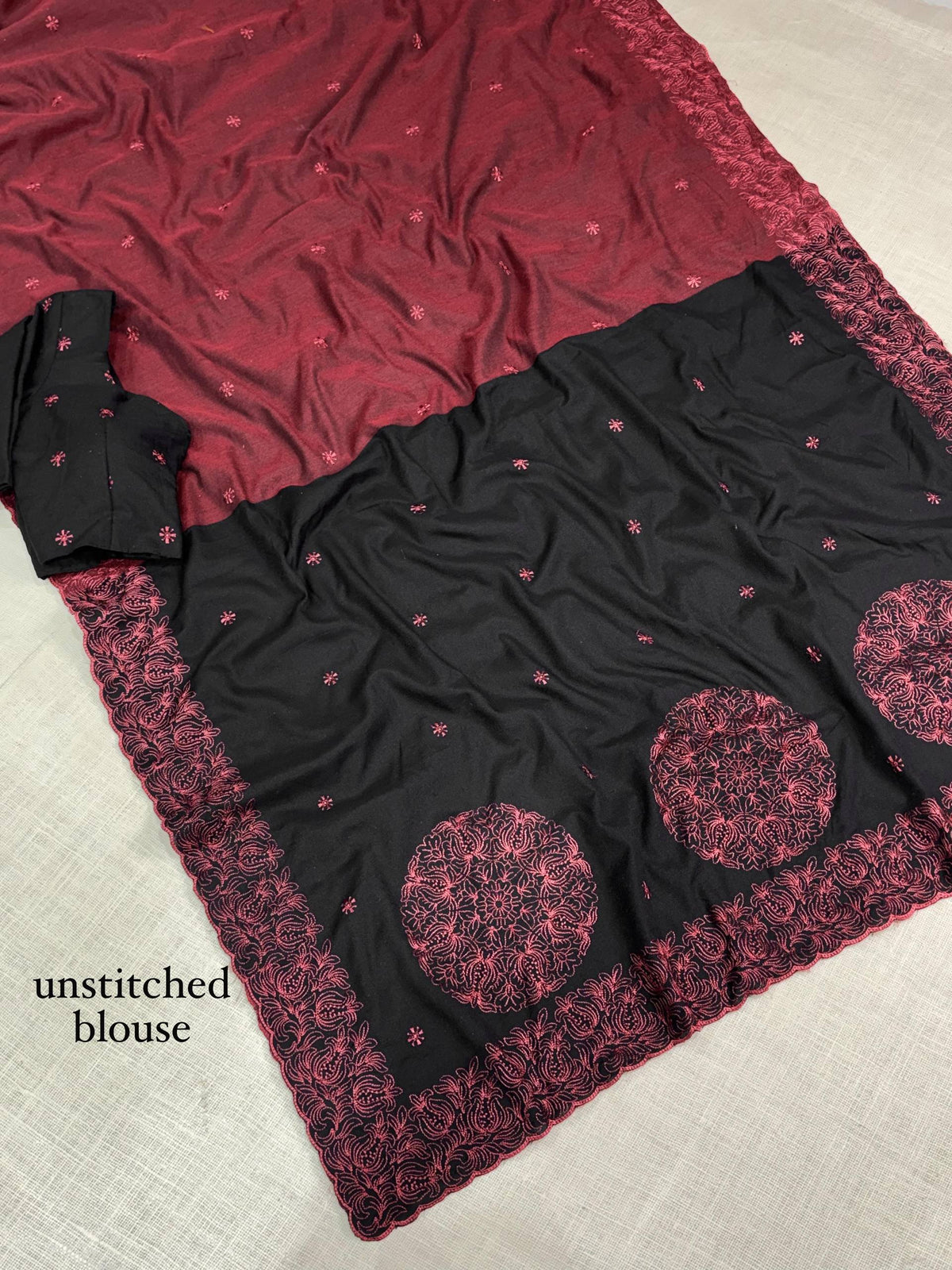 Wine Maroon & Black Pure Mul Cotton Saree with Embroidered Cutwork Border