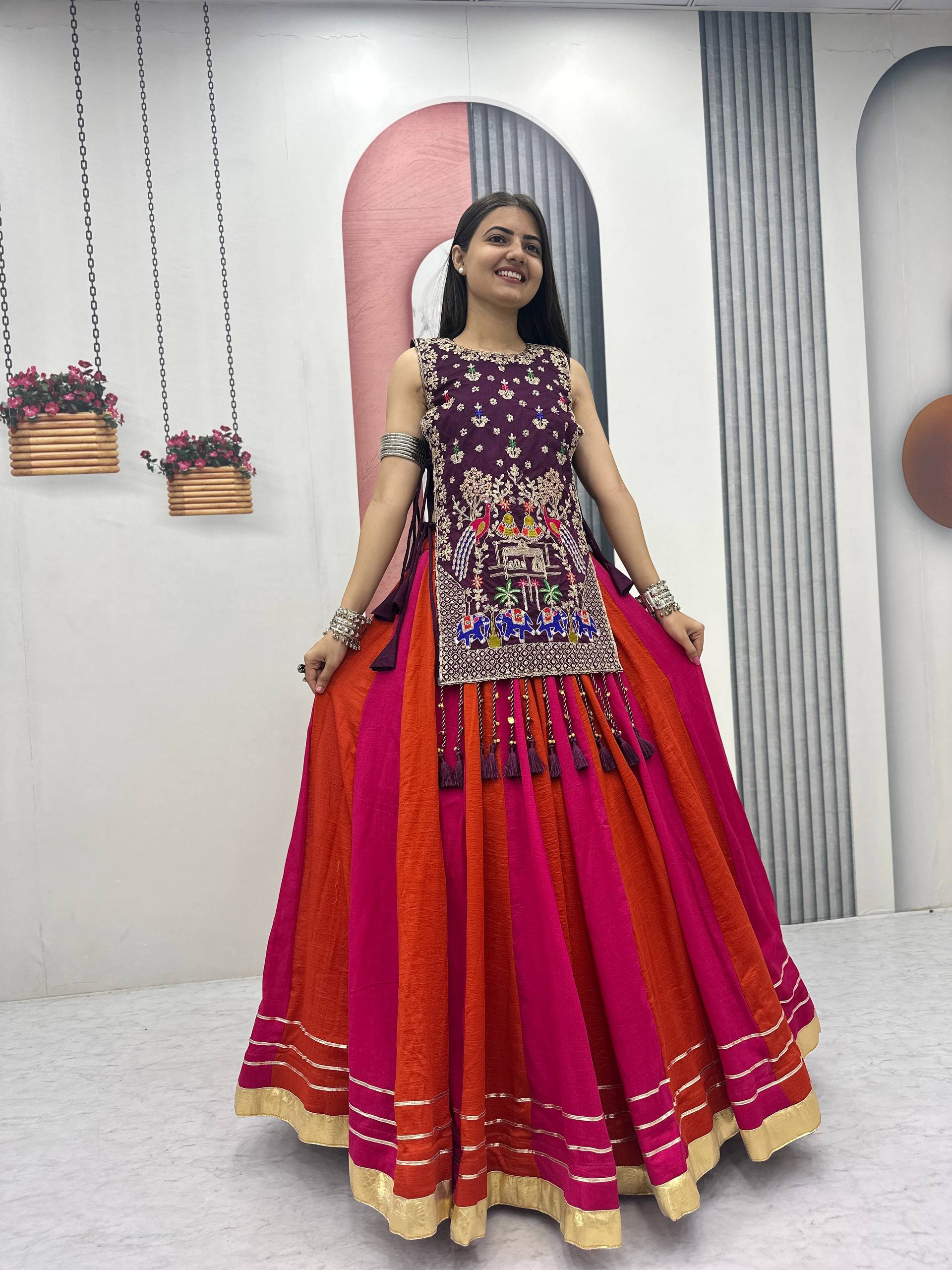 Wine Purple & Rani Pink Vichitra Silk Lehenga Set with Heavy Embroidery