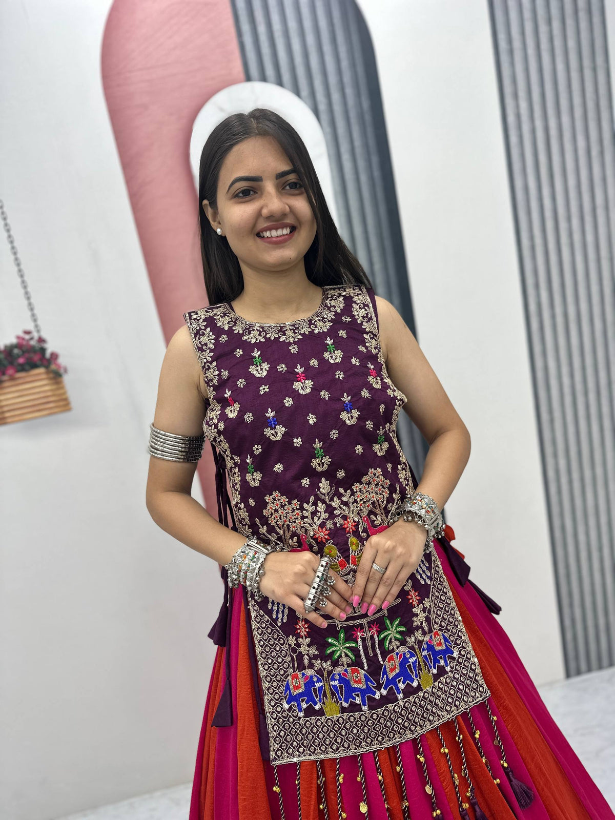 Wine Purple & Rani Pink Vichitra Silk Lehenga Set with Heavy Embroidery
