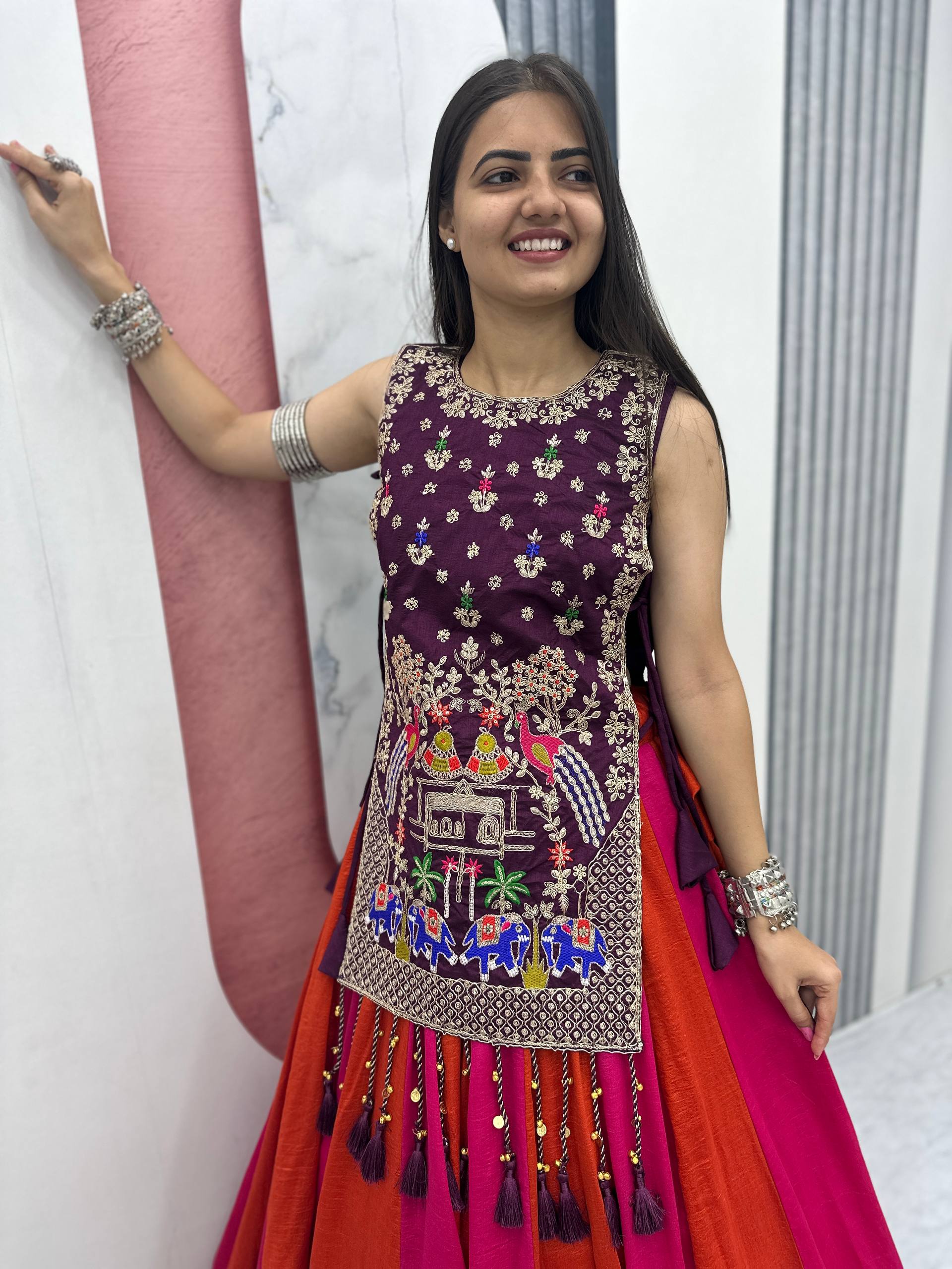 Wine Purple & Rani Pink Vichitra Silk Lehenga Set with Heavy Embroidery