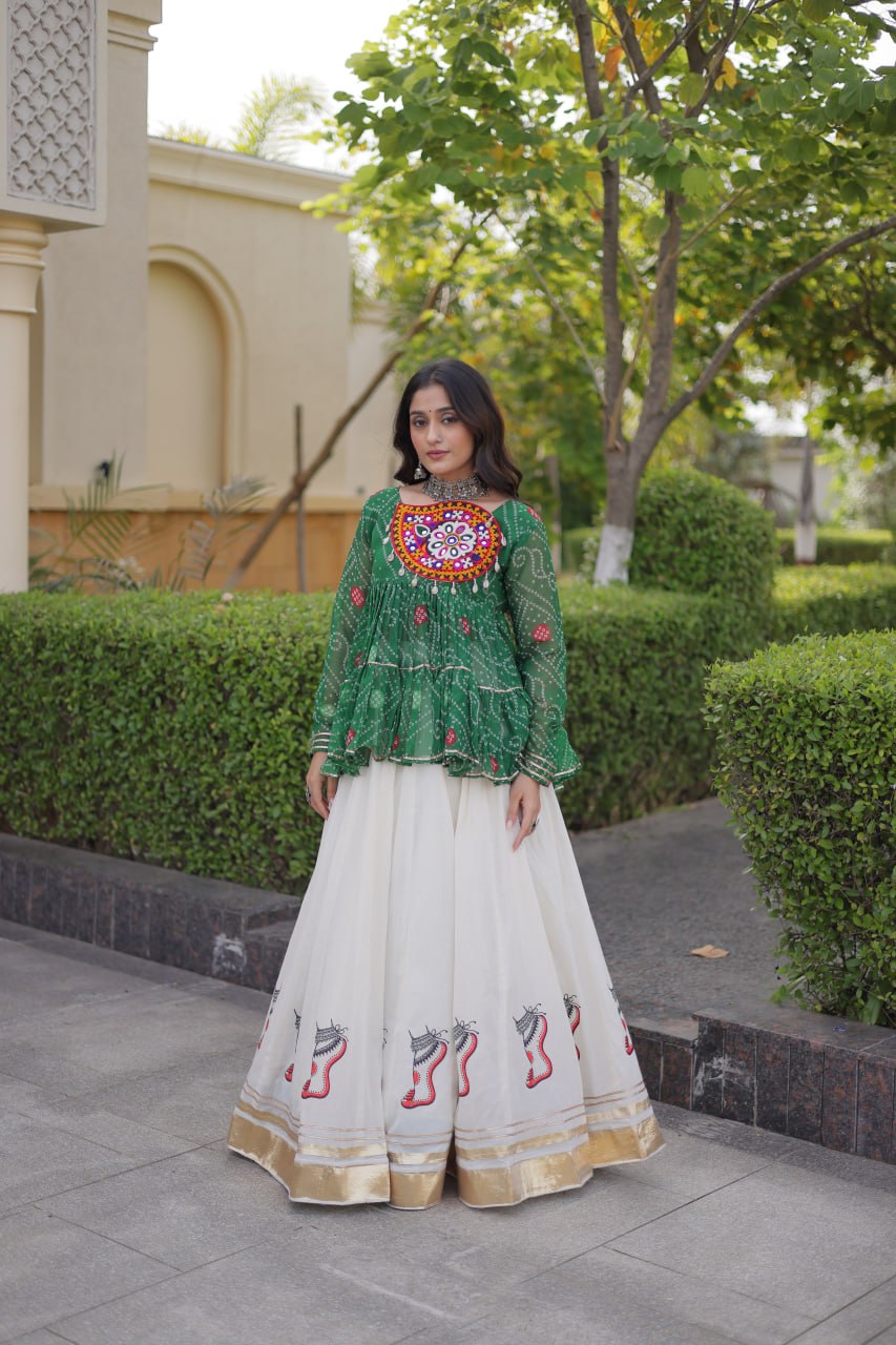 Bottle Green & Ivory Bandhani Lehenga Choli with Kutchi Gamthi Patchwork