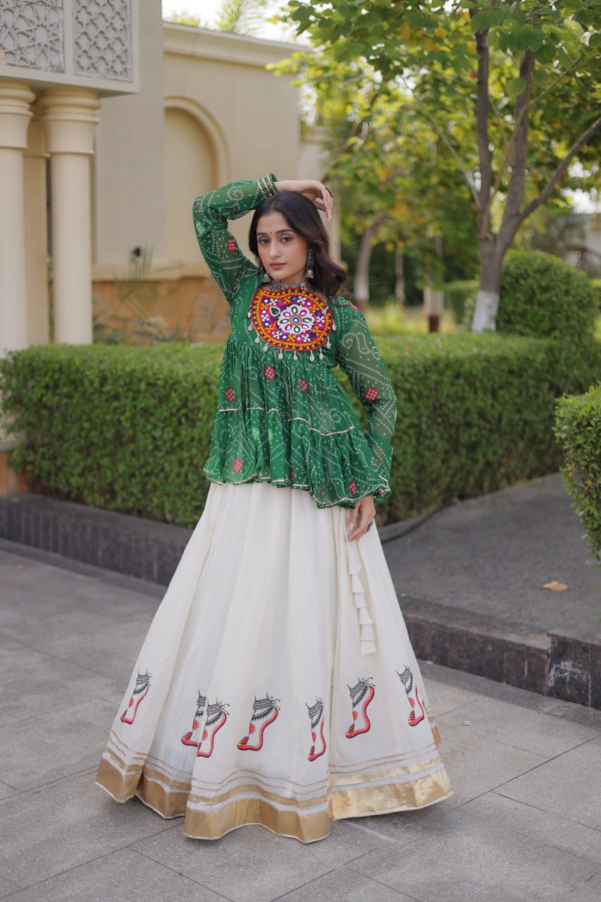 Bottle Green & Ivory Bandhani Lehenga Choli with Kutchi Gamthi Patchwork