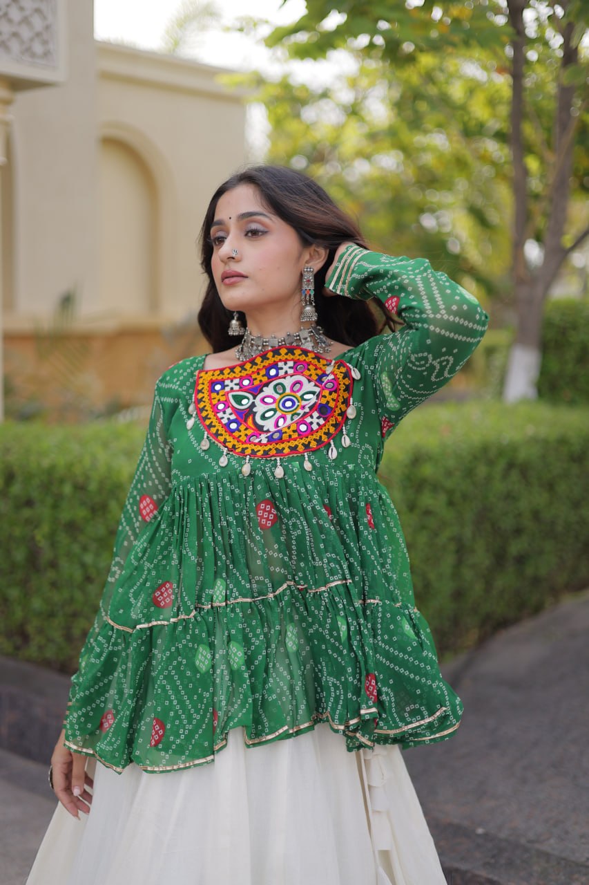 Bottle Green & Ivory Bandhani Lehenga Choli with Kutchi Gamthi Patchwork