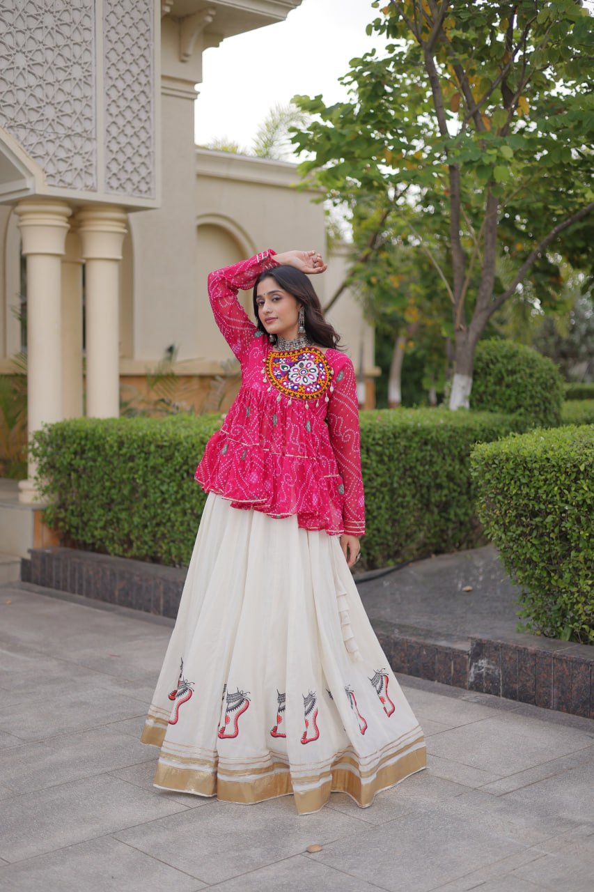 Fuchsia Pink & Ivory Bandhani Kutchi Work Lehenga Choli Set