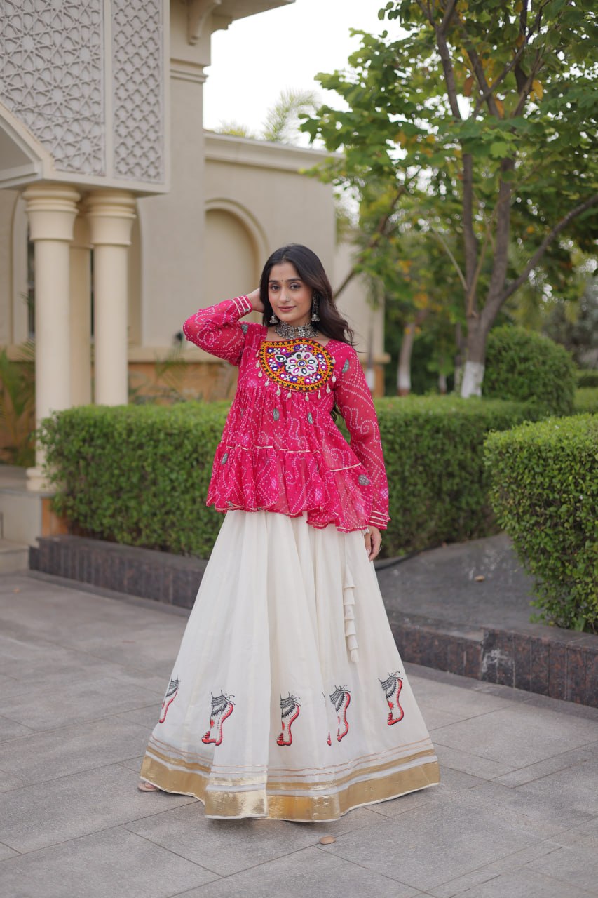 Fuchsia Pink & Ivory Bandhani Kutchi Work Lehenga Choli Set