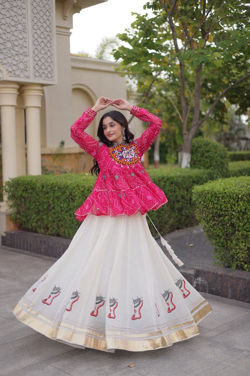 Fuchsia Pink & Ivory Bandhani Kutchi Work Lehenga Choli Set