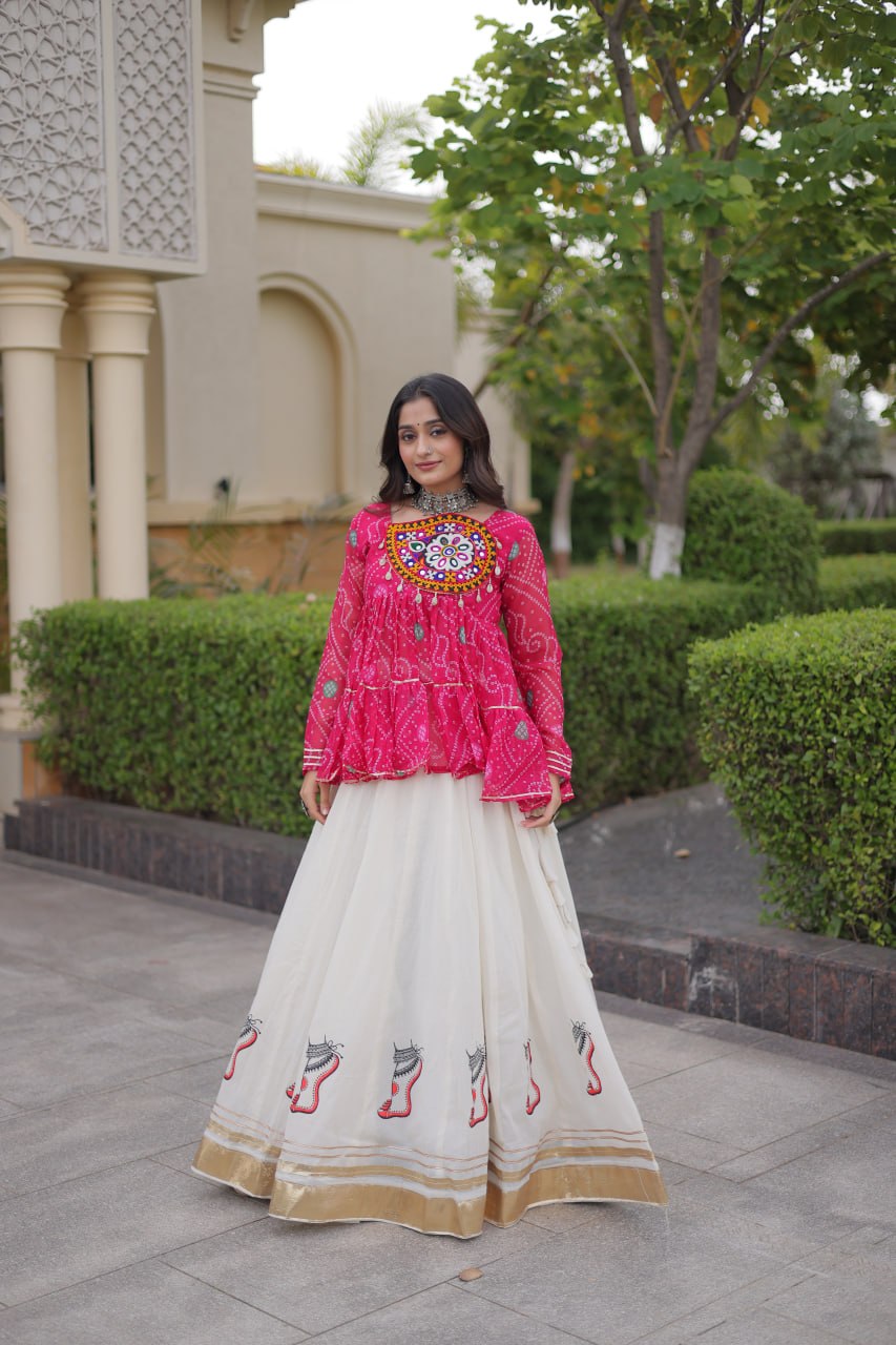 Fuchsia Pink & Ivory Bandhani Kutchi Work Lehenga Choli Set