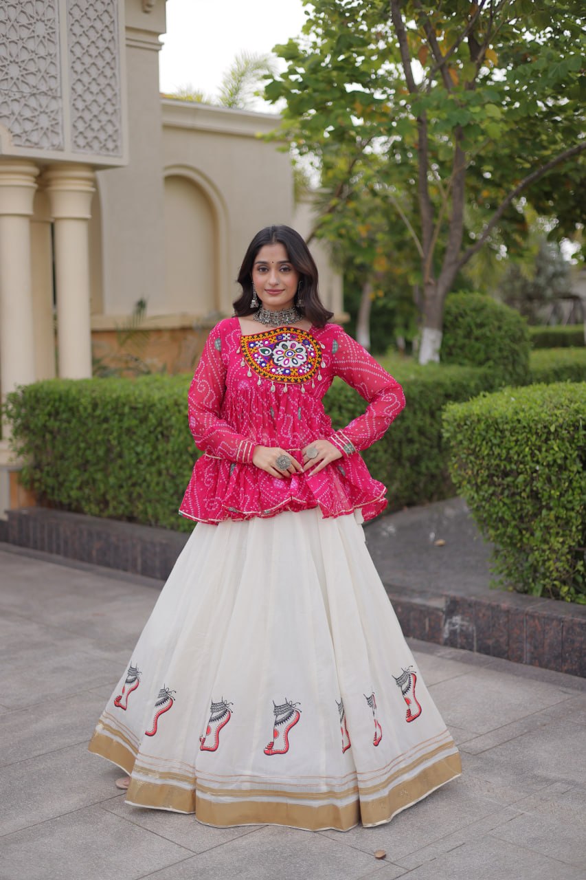 Fuchsia Pink & Ivory Bandhani Kutchi Work Lehenga Choli Set