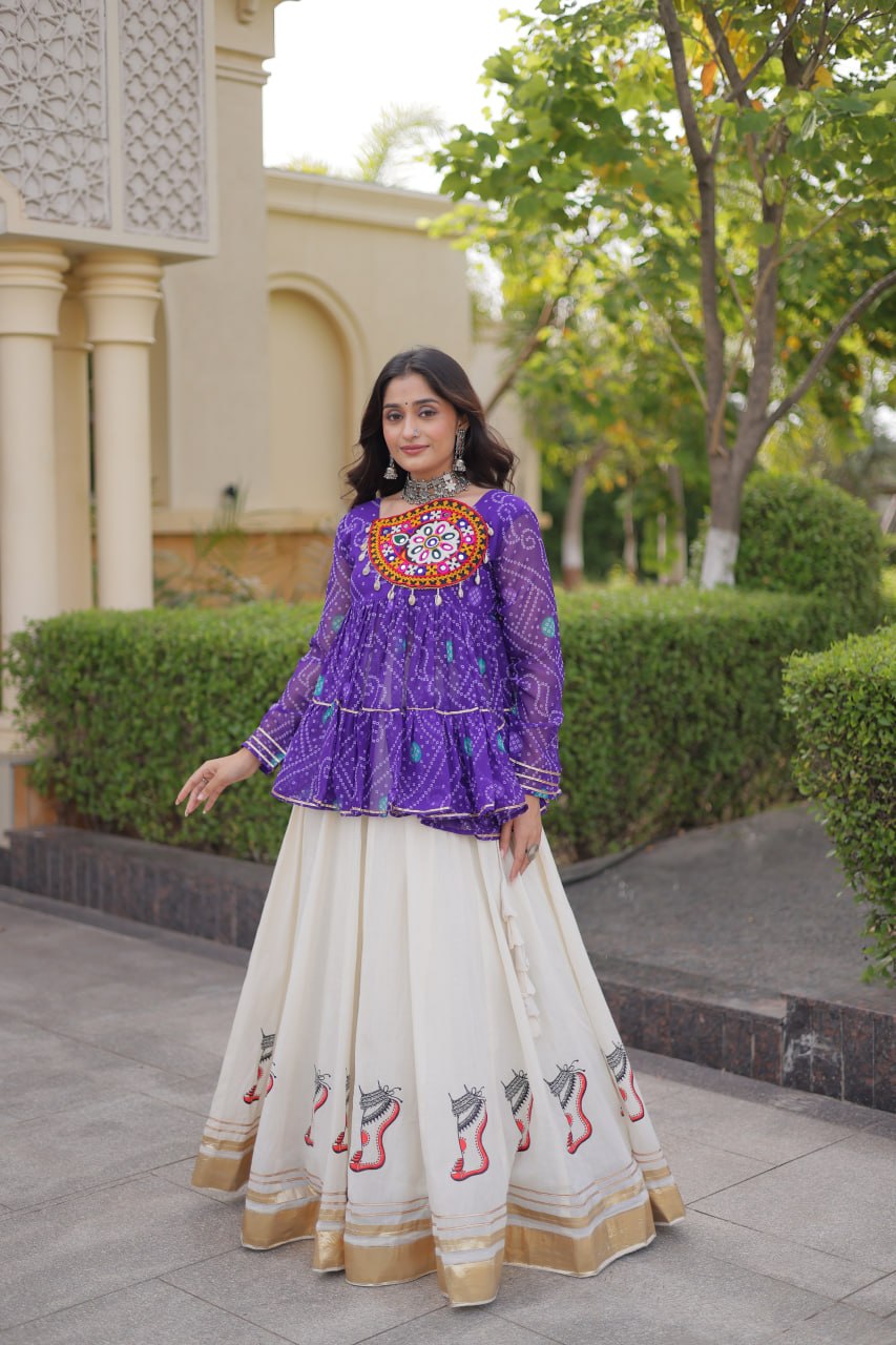 Royal Purple & Ivory Bandhani Kutchi Work Lehenga Choli Set