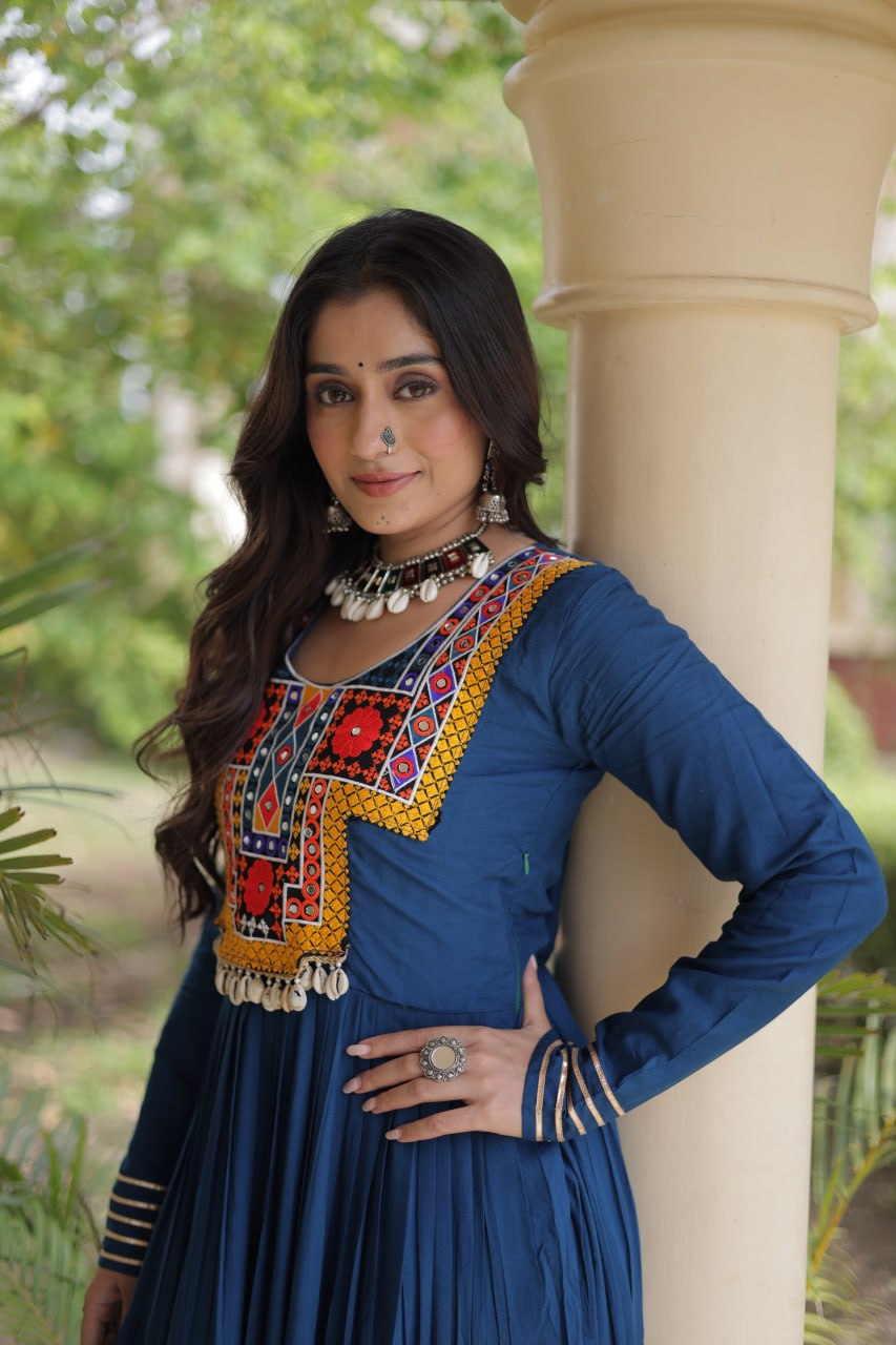 Rama Green Kutchi Gamthi Mirror Work Rayon Gown
