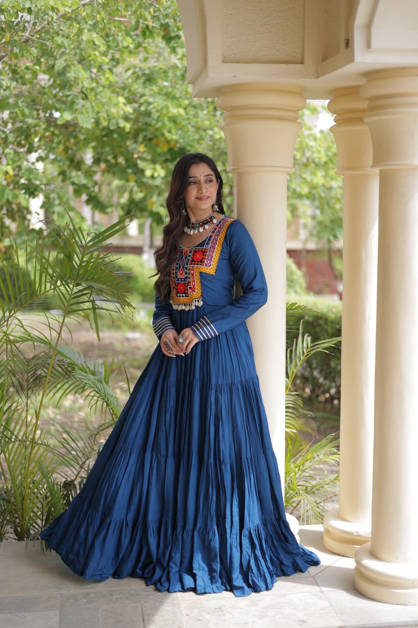 Rama Green Kutchi Gamthi Mirror Work Rayon Gown