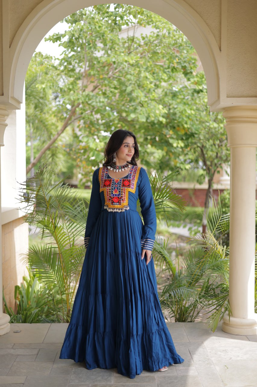 Rama Green Kutchi Gamthi Mirror Work Rayon Gown