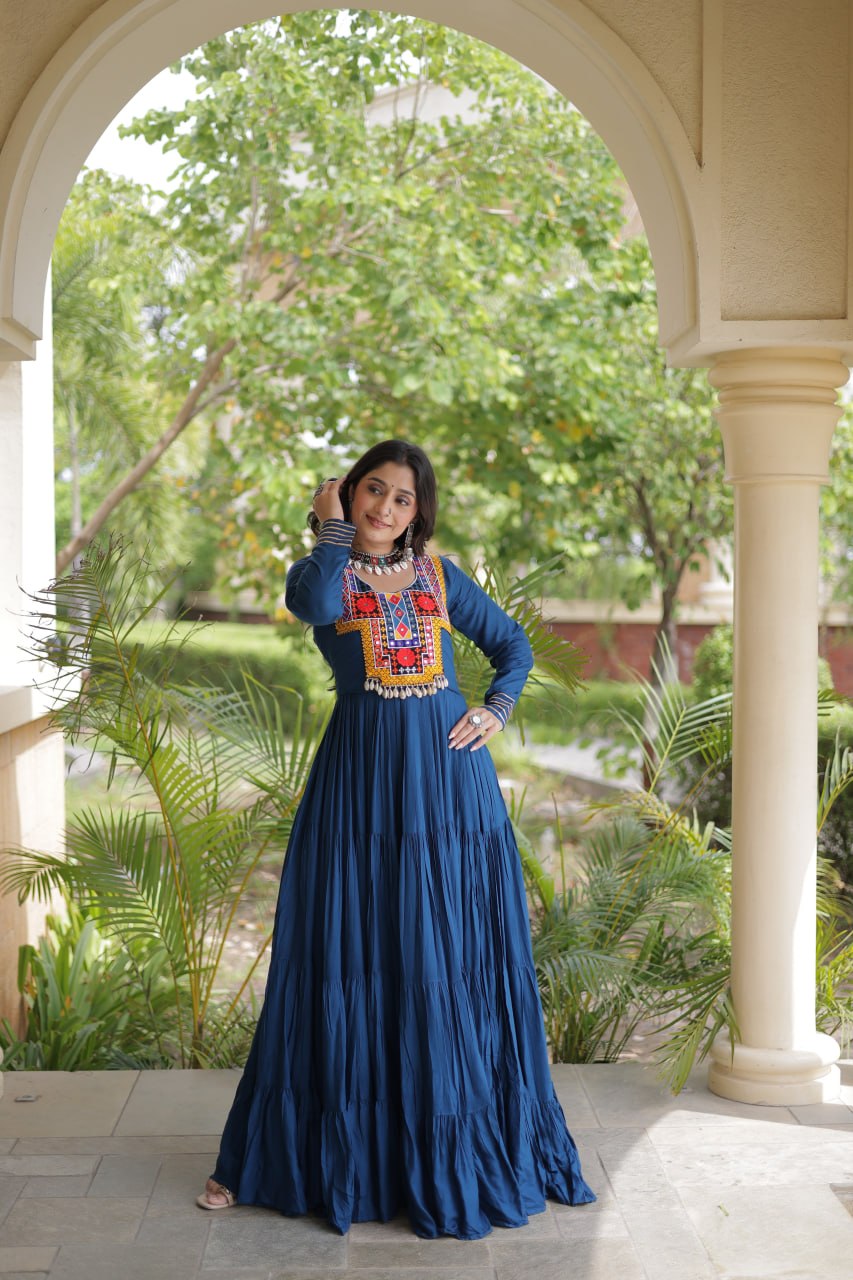 Rama Green Kutchi Gamthi Mirror Work Rayon Gown